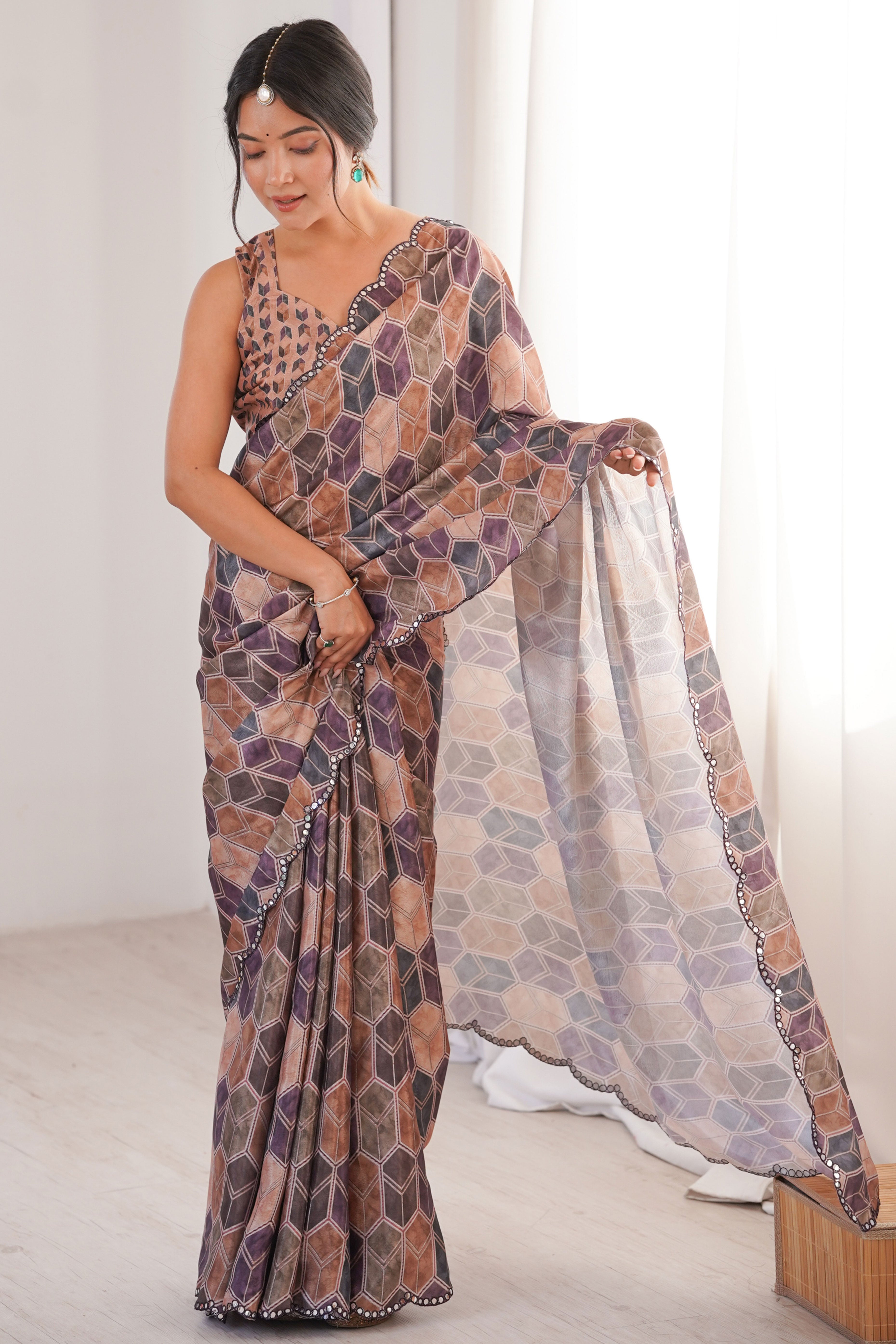 Vibrant Multicolor Geometric Digital Printed Chinon Saree Accented With Exquisite Embroidered Border
