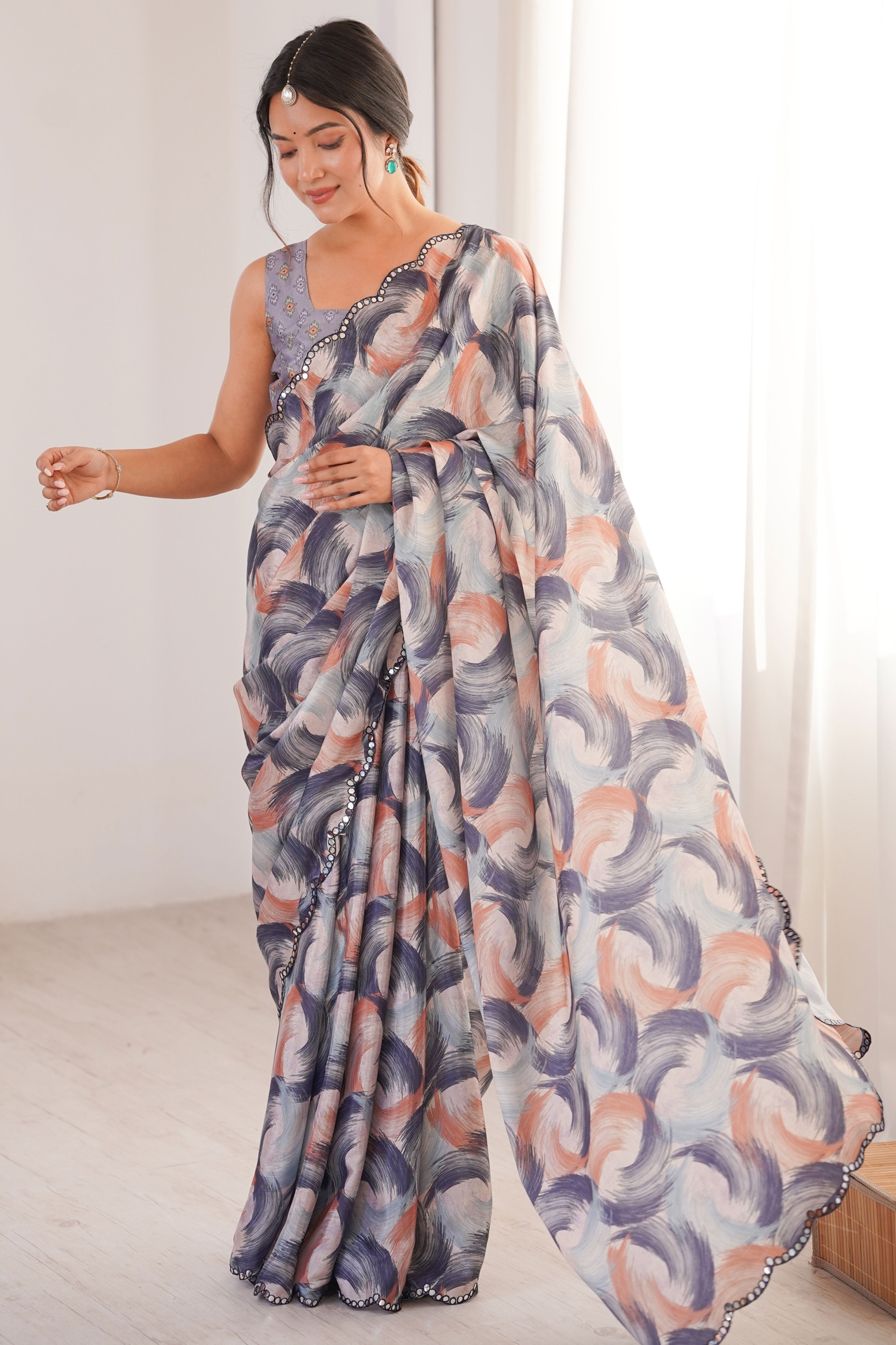 Exquisite Grey Abstract Digital Printed Chinon Saree With Elegant Embroidered Border Accents