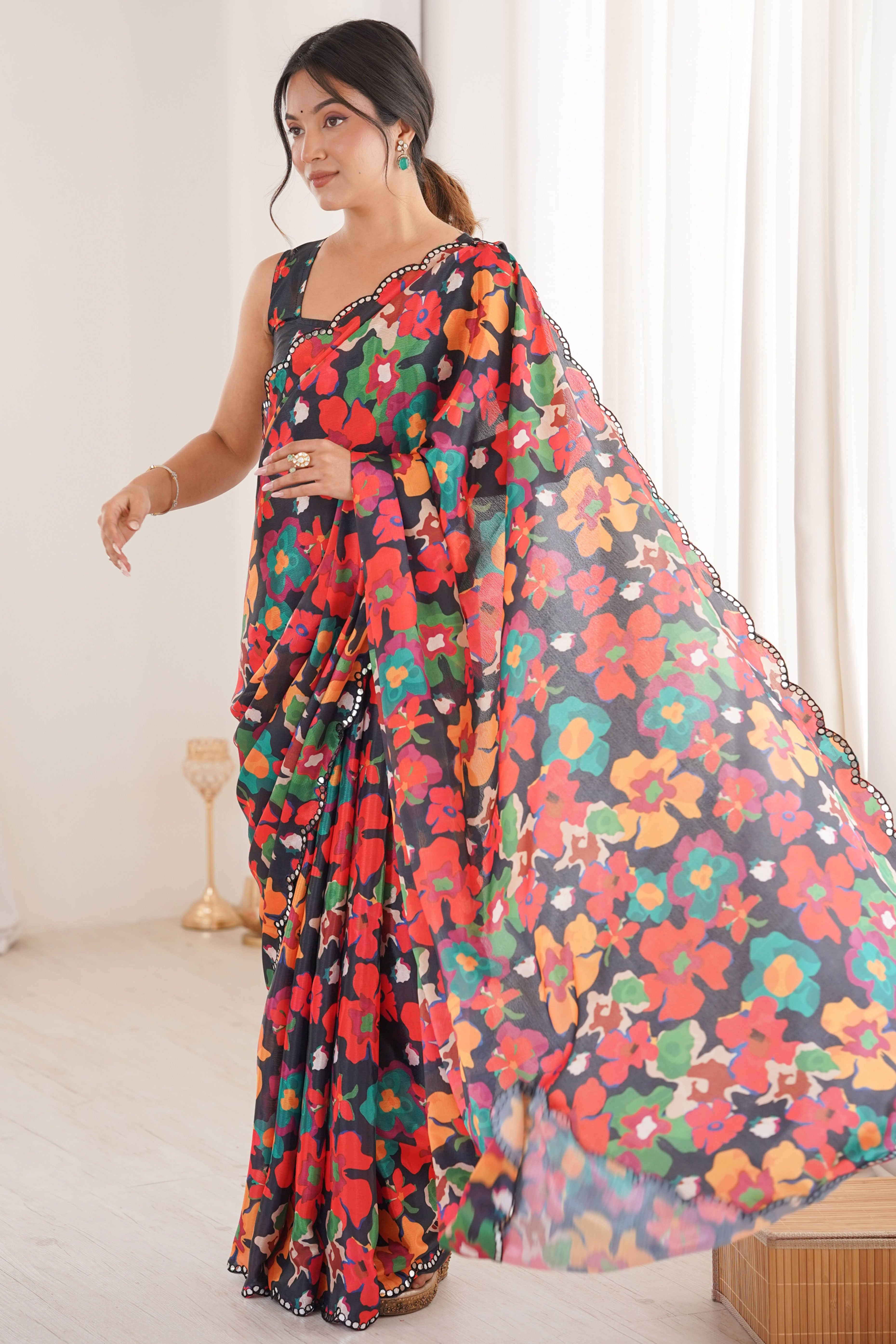 Contemporary Multicolor Floral Digital Printed Chinon Saree With Fine Embroidered Border