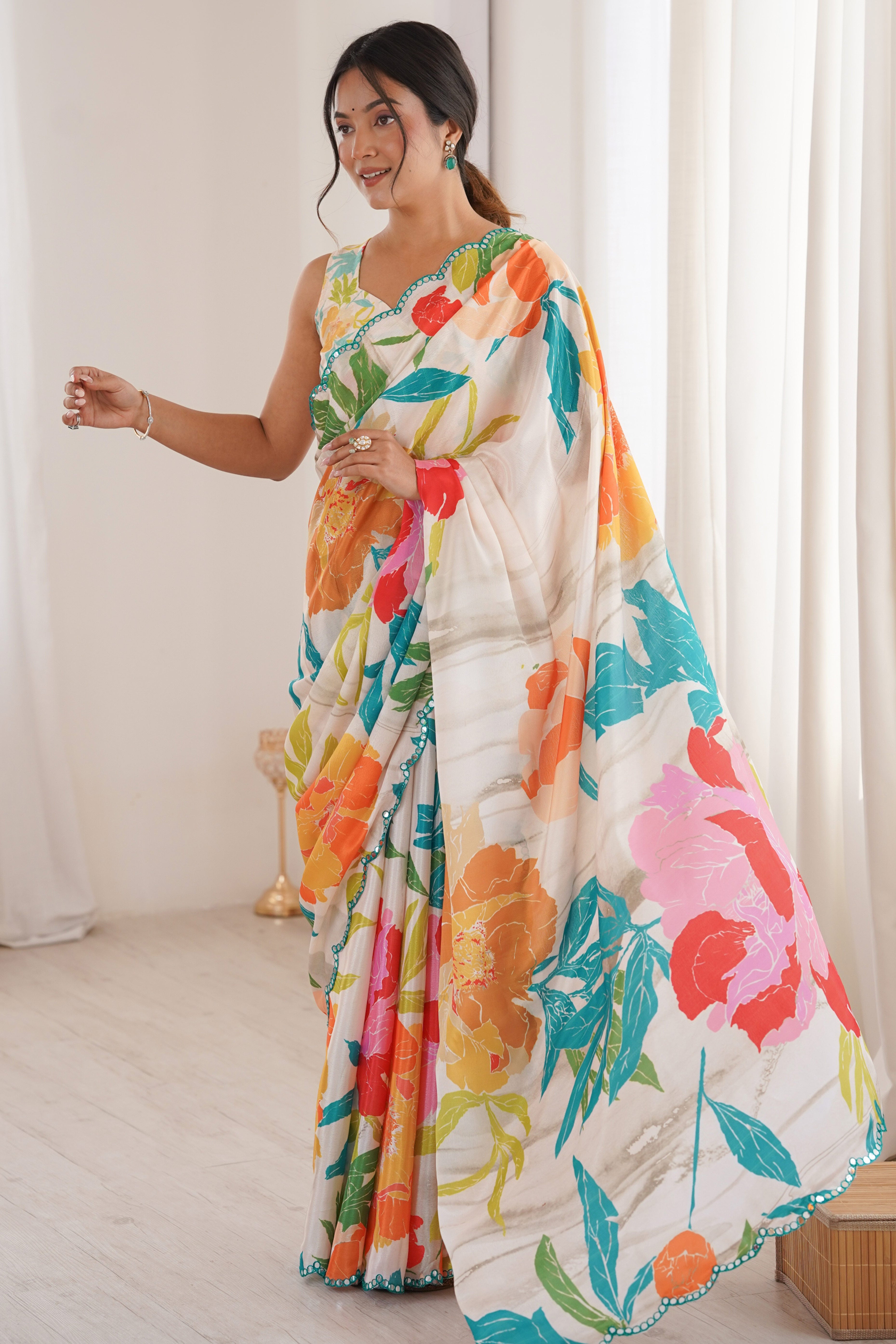 Chic Multicolor Floral Digital Printed Chinon Saree With Handcrafted Embroidered Border Elegance