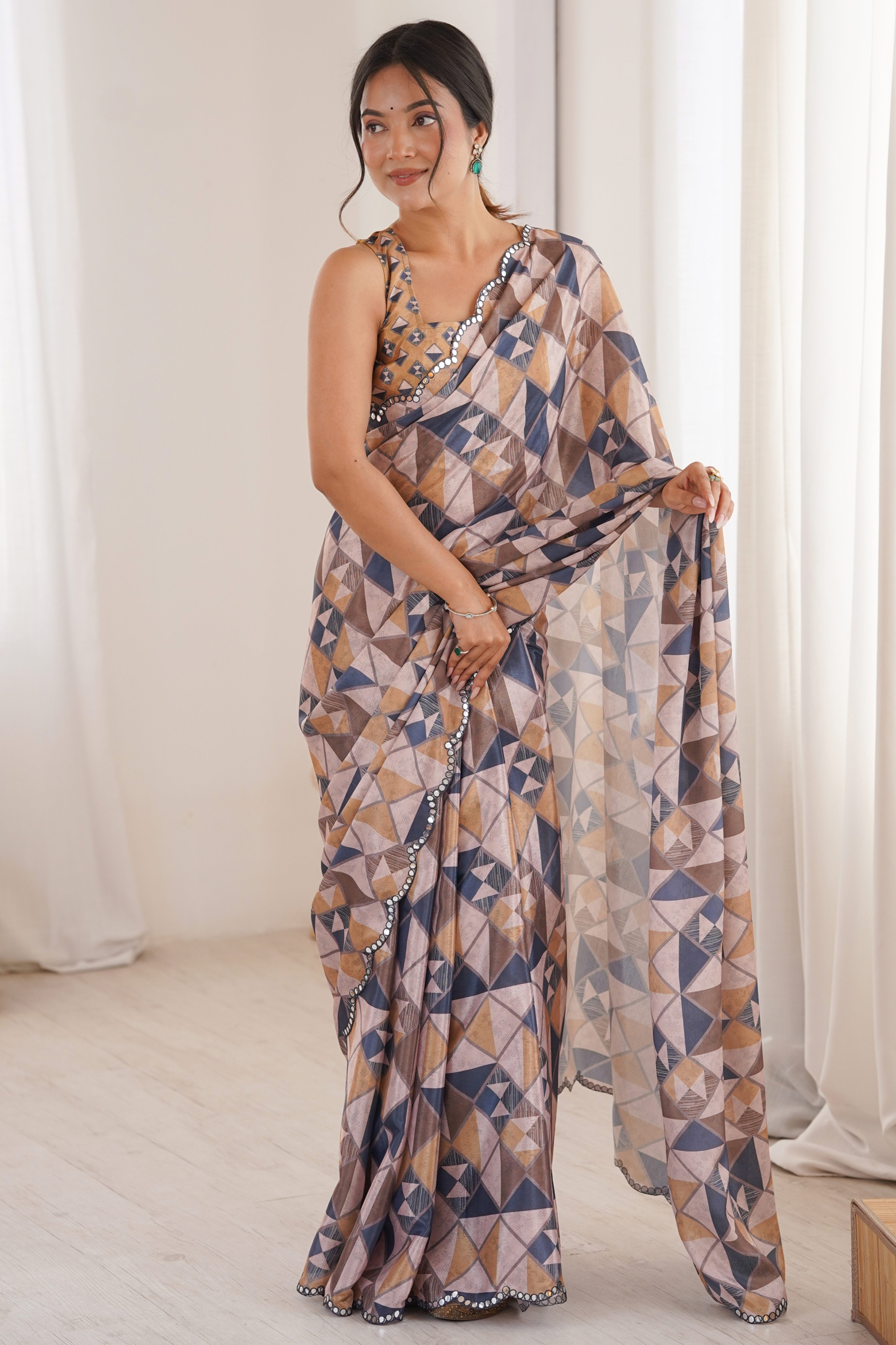 Opulent Multicolor Geometric Digital Printed Chinon Saree Enhanced With Premium Embroidered Border