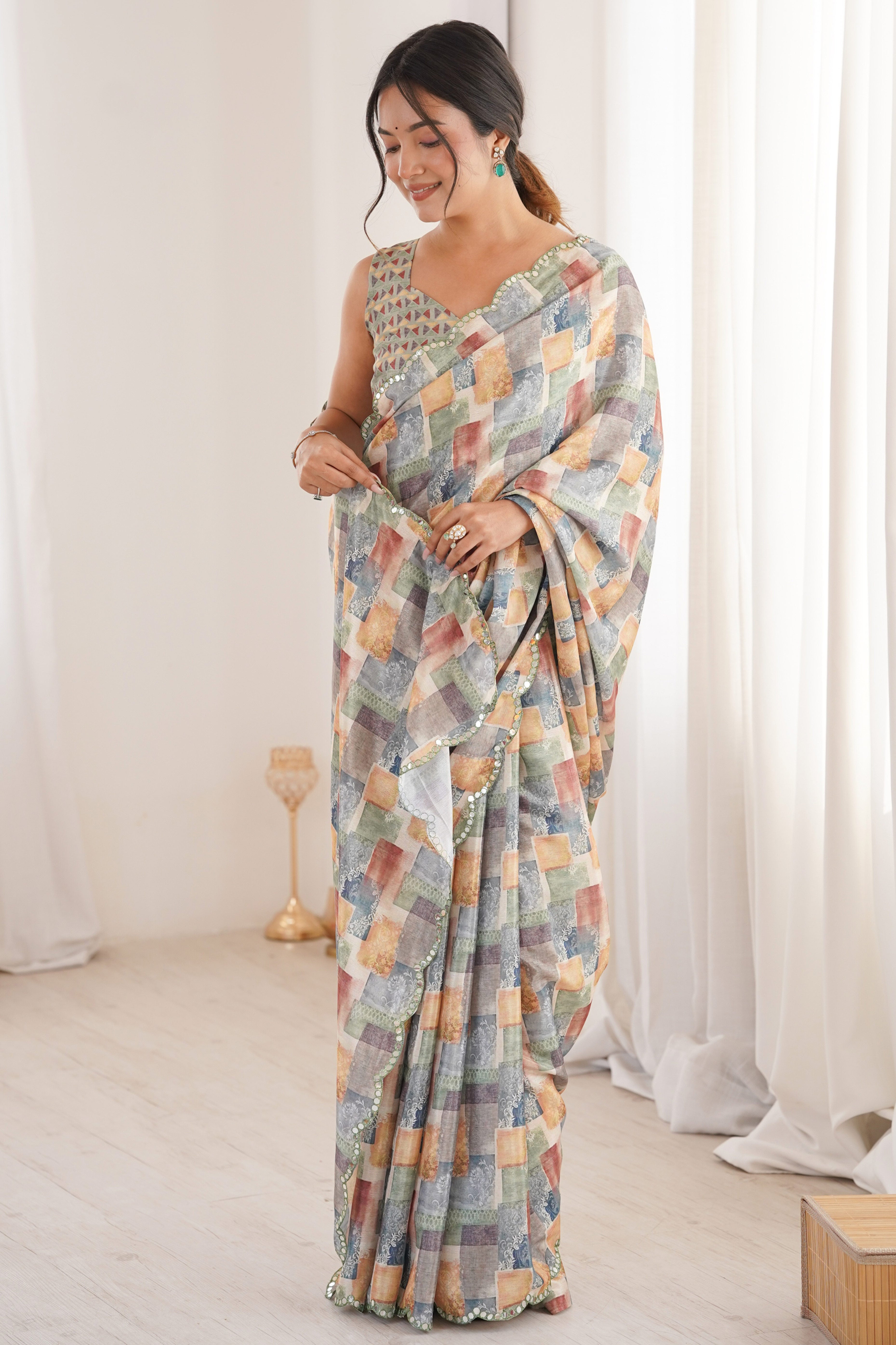 Exquisite Multicolor Geometric & Floral Digital Printed Chinon Saree With Elegant Embroidered Border
