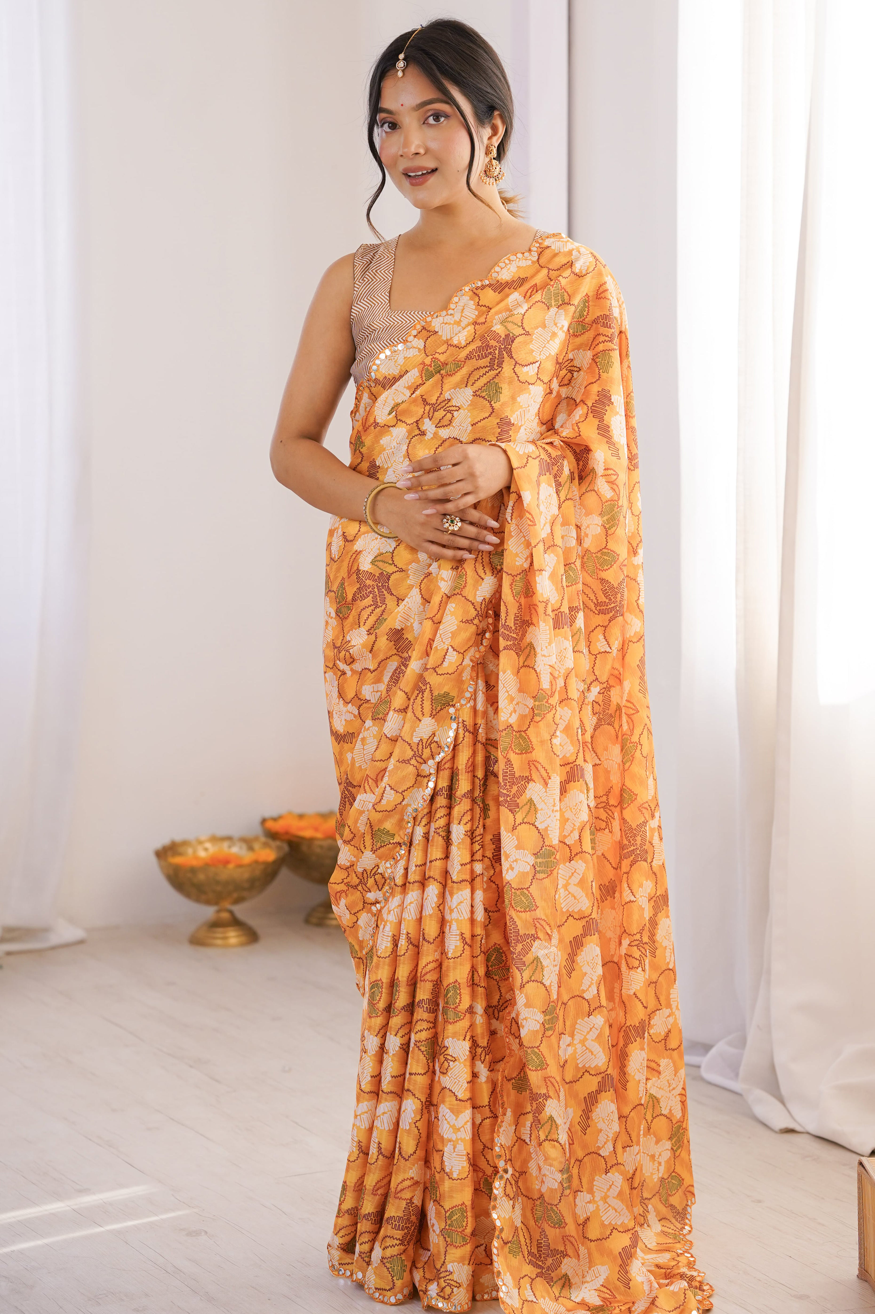 Refined Mustard Floral Digital Printed Chinon Saree Showcasing Artistic Embroidered Border