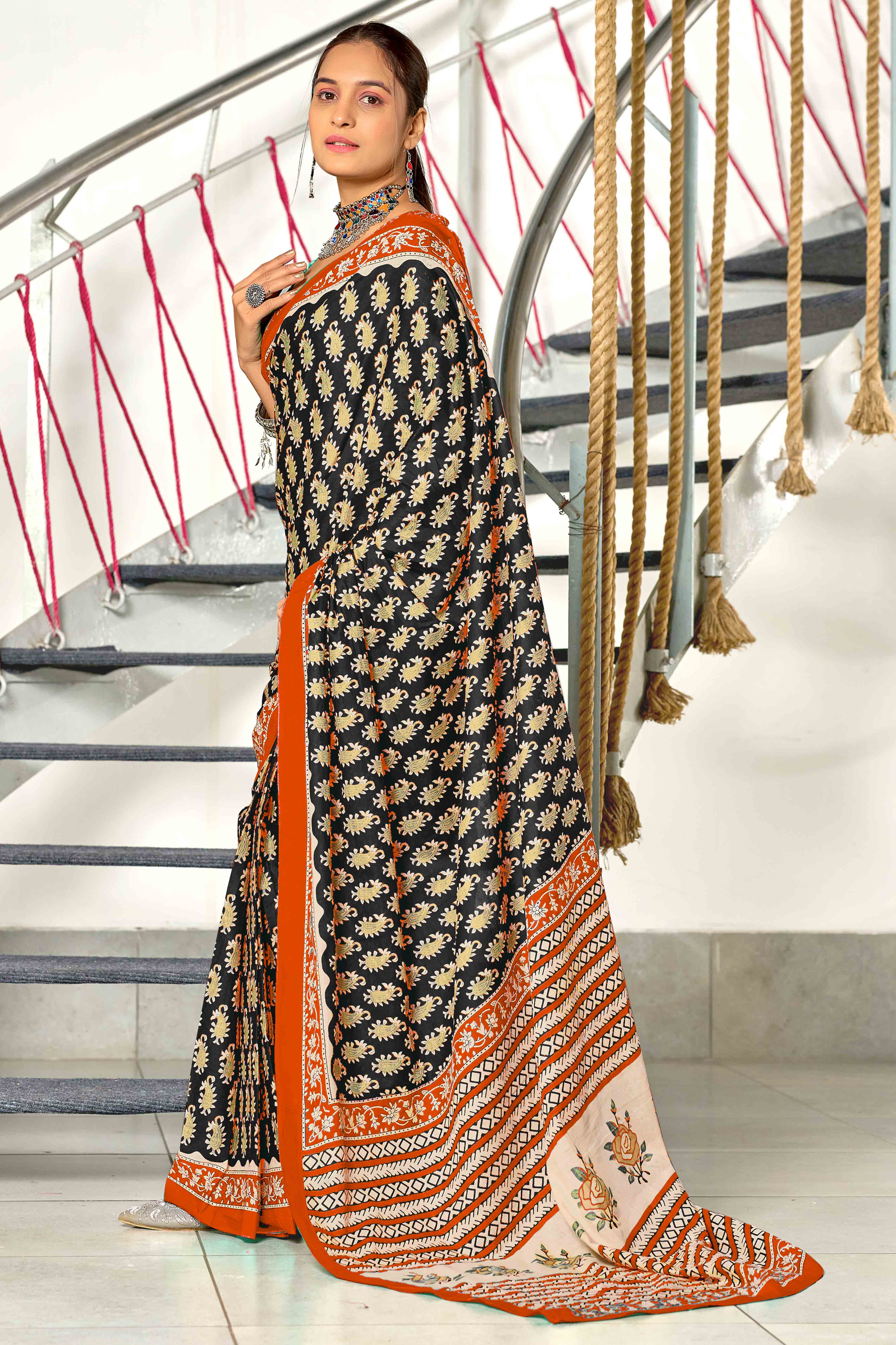 Black & Orange Hand Block Printed Pure Cotton Saree For Casual Wear