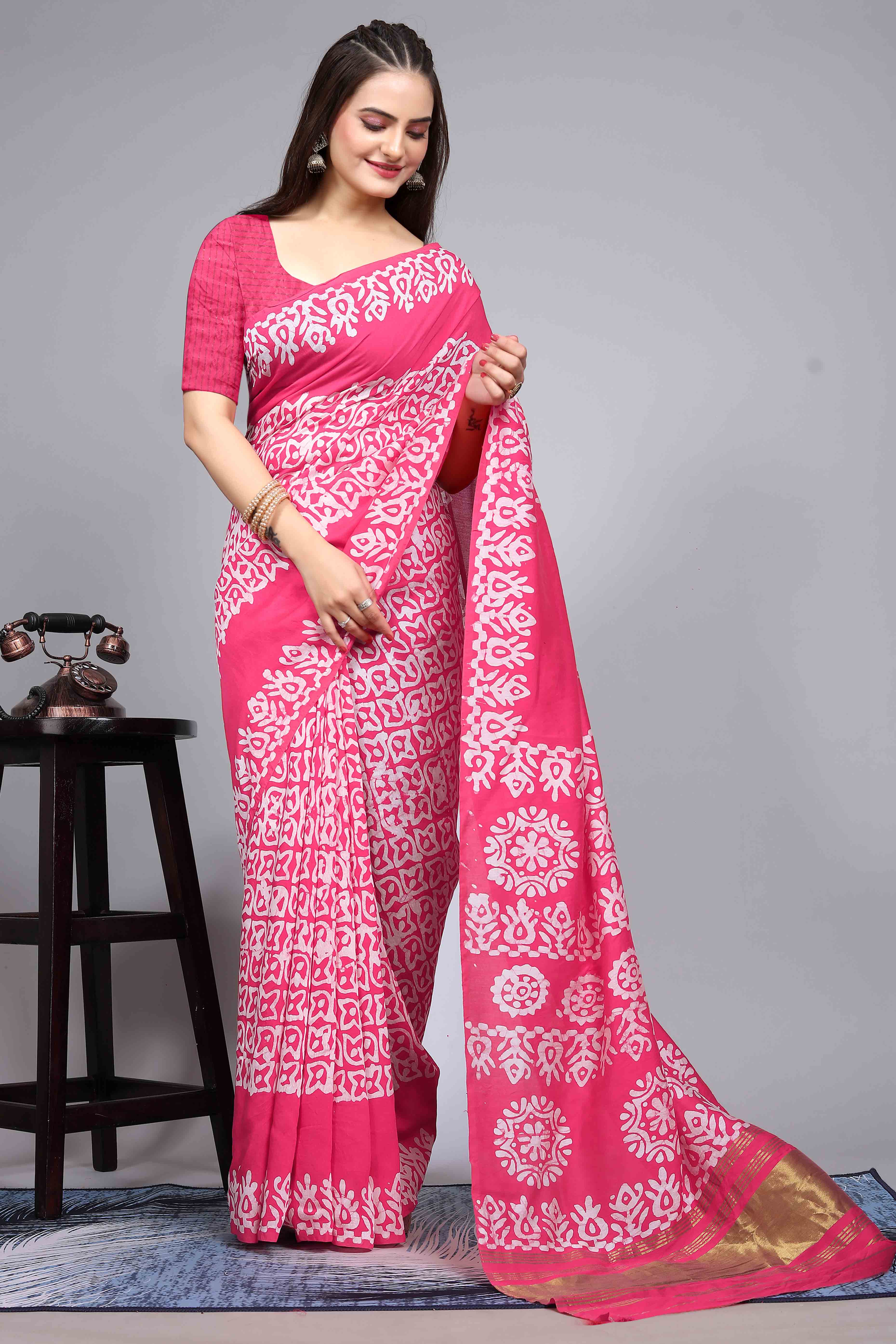 Pink Floral Printed Chanderi Cotton Silk Lagdi patta Saree