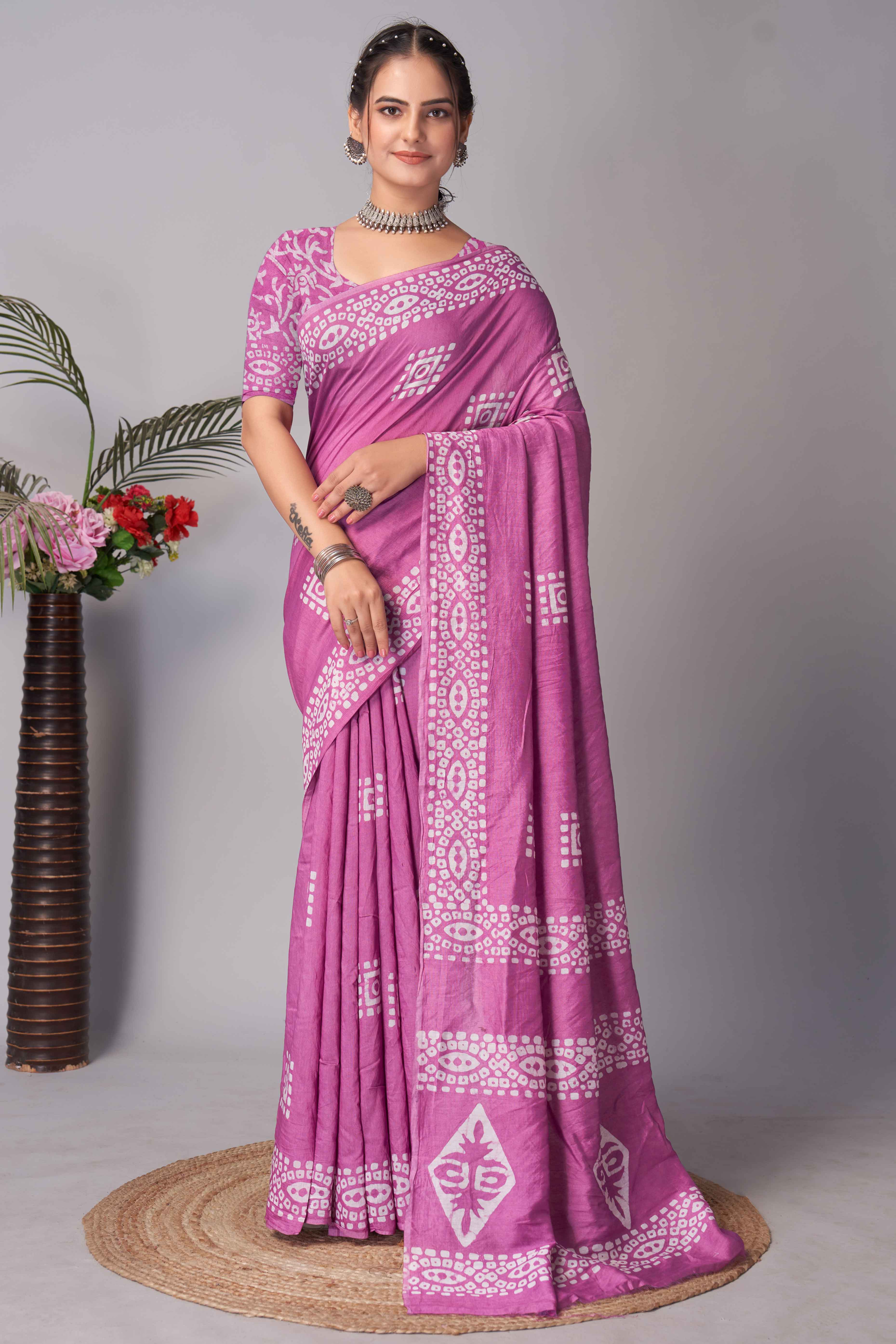 Pink Batik Printed Chanderi Cotton Silk Saree