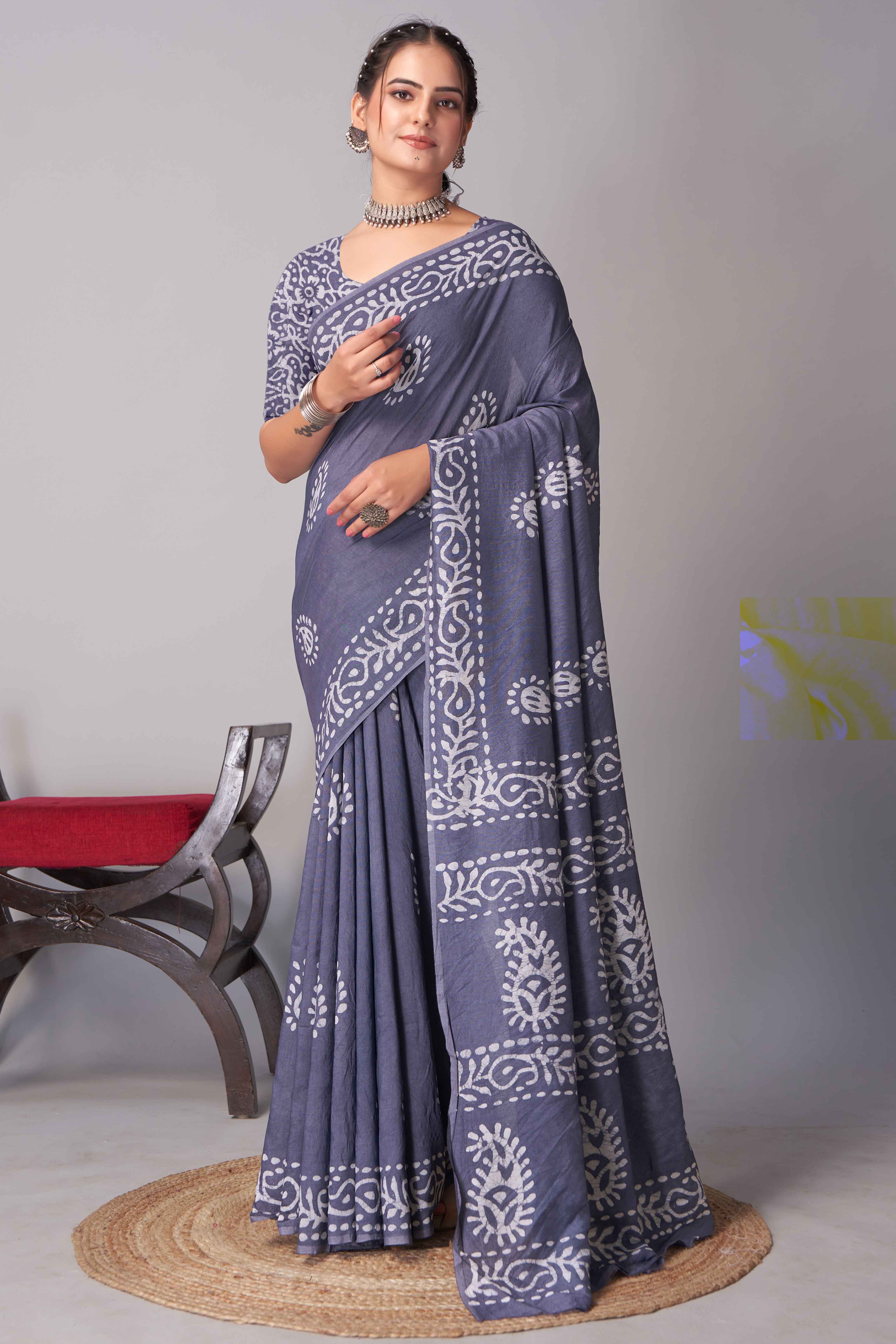 Grey Batik Printed Chanderi Cotton Silk Saree