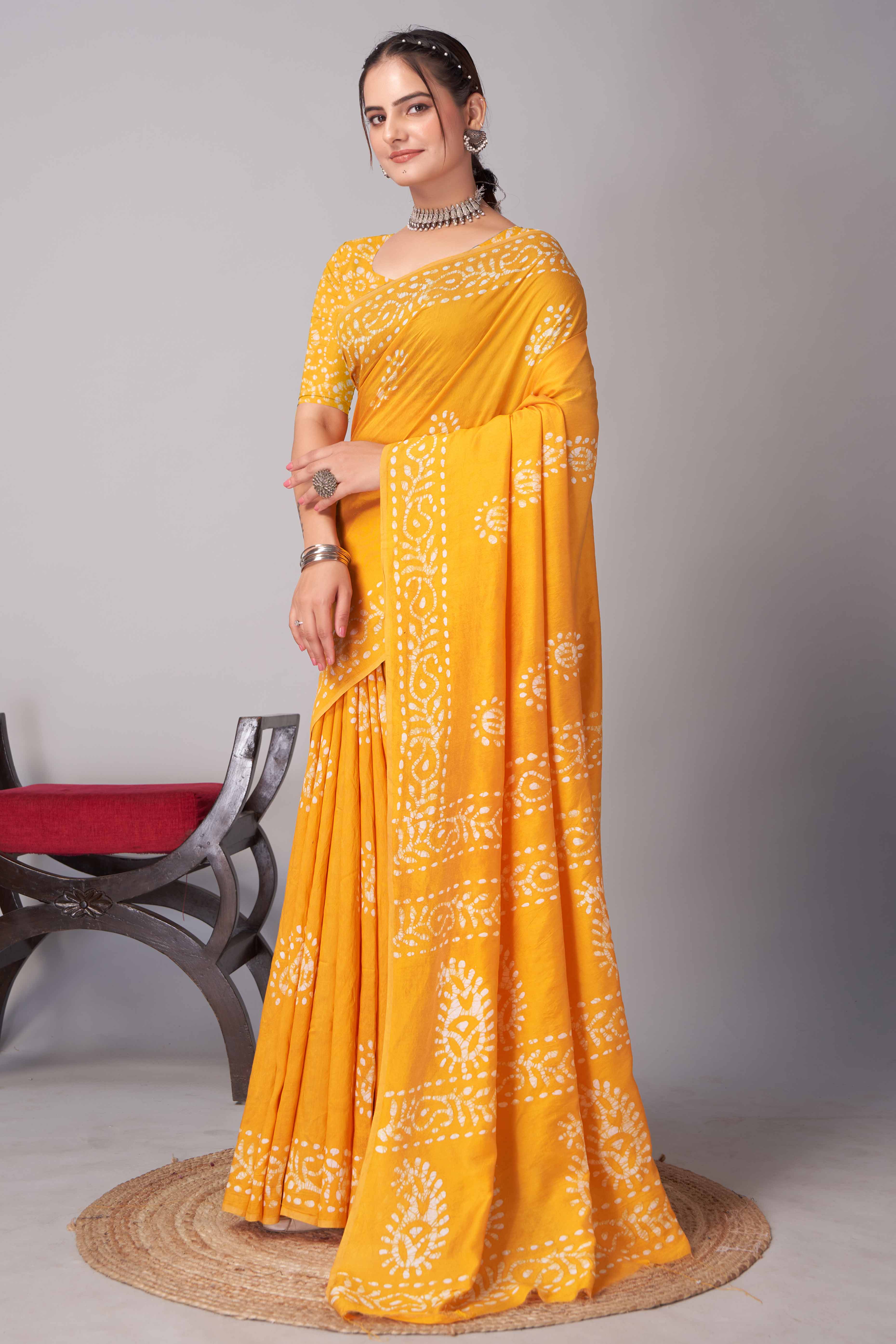 Yellow Batik Printed Chanderi Cotton Silk Saree