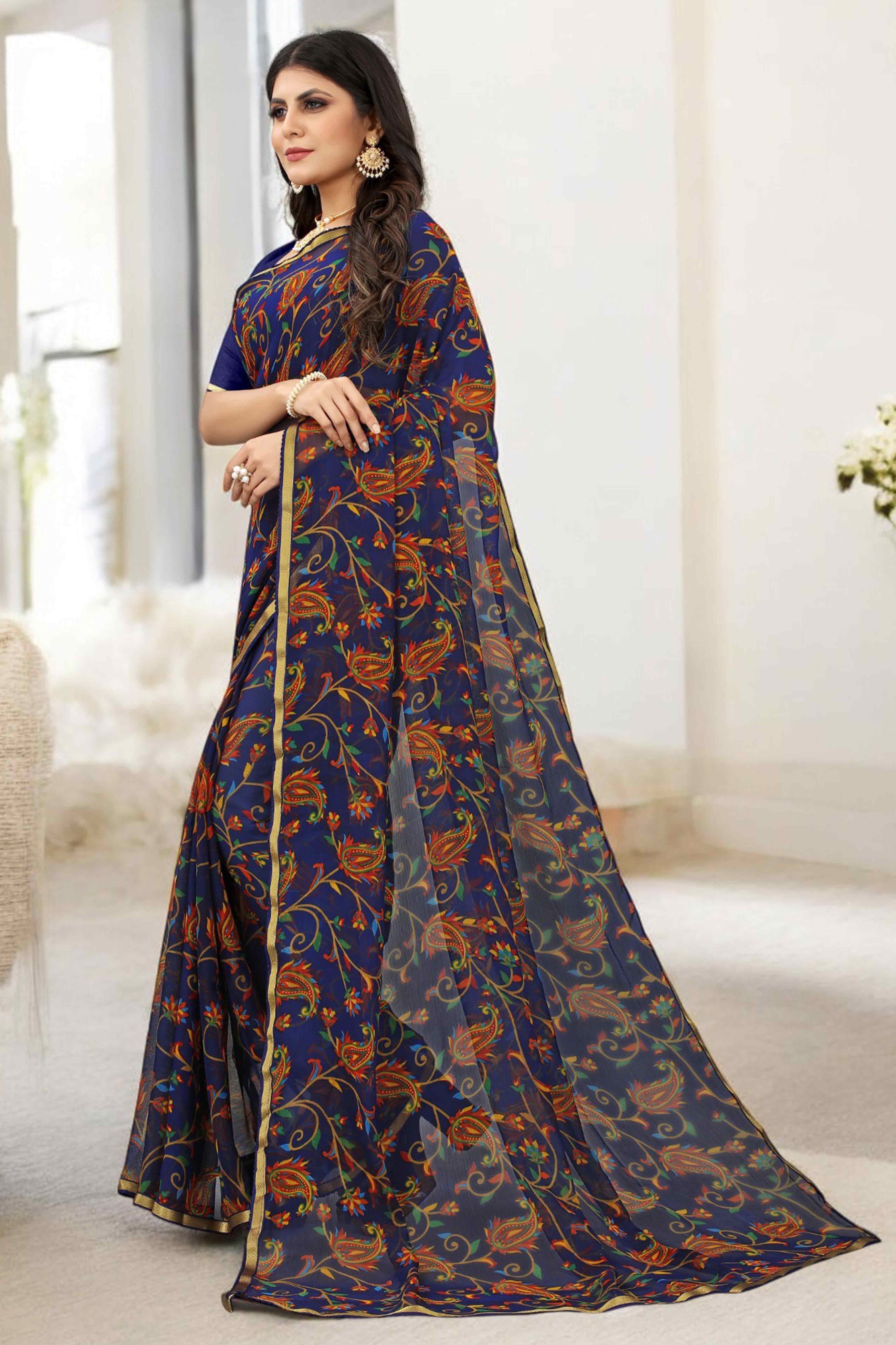 Blue Printed Chiffon Saree With Lace Border