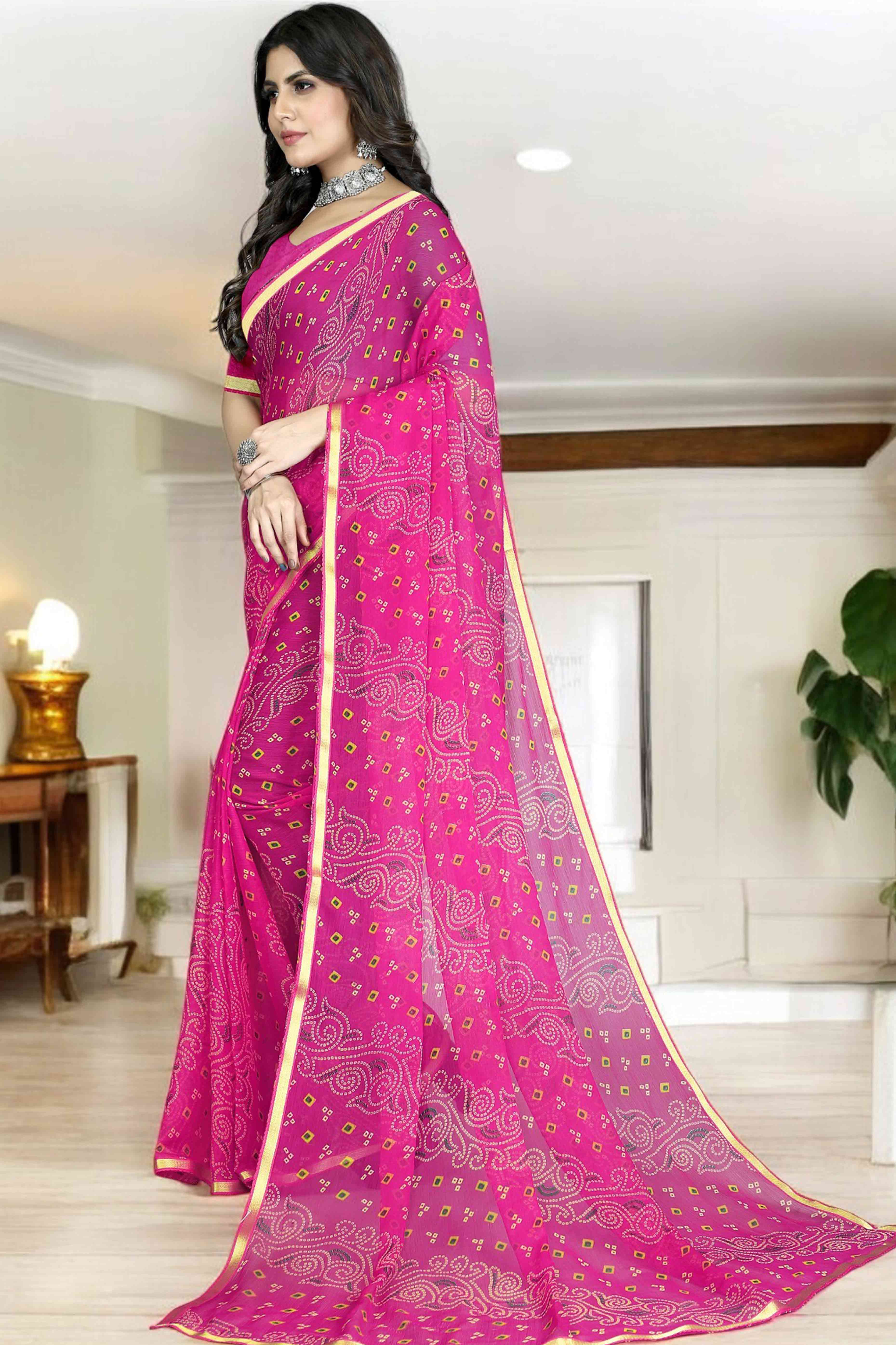 Rani Pink Bandhani Printed Chiffon Saree With Lace Border