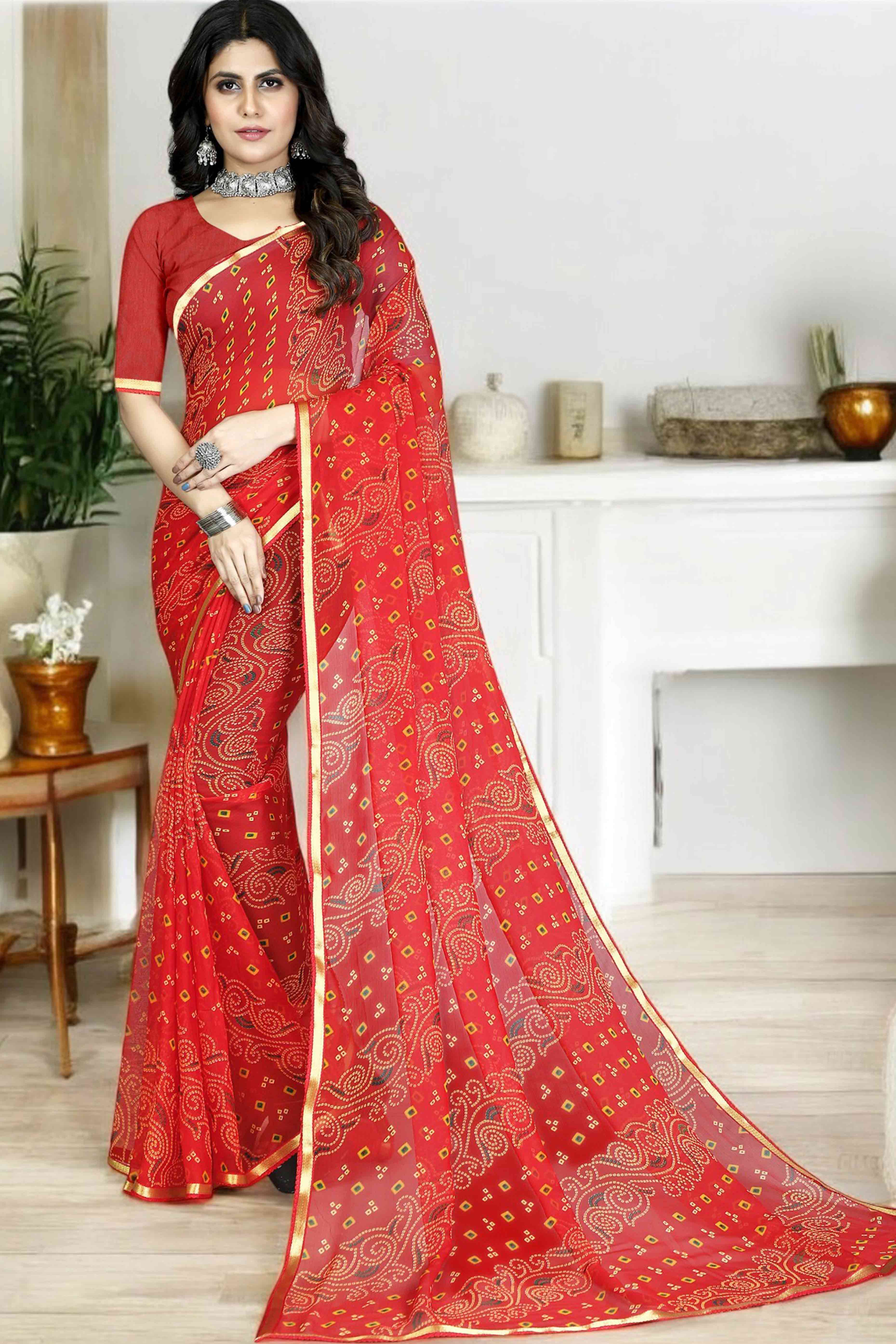 Red Bandhani Printed Chiffon Saree With Lace Border