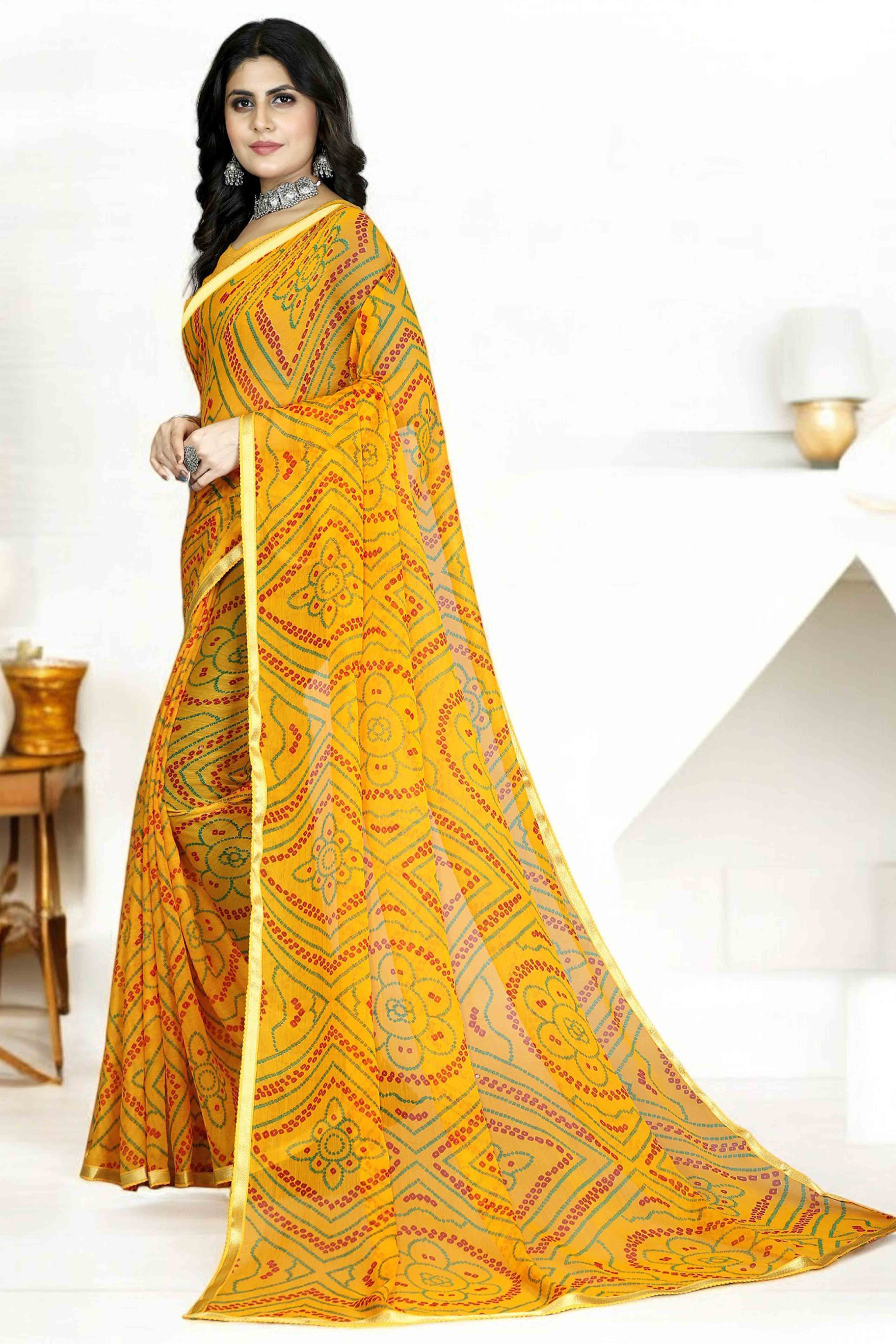 Mustard Bandhani Printed Chiffon Saree With Lace Border