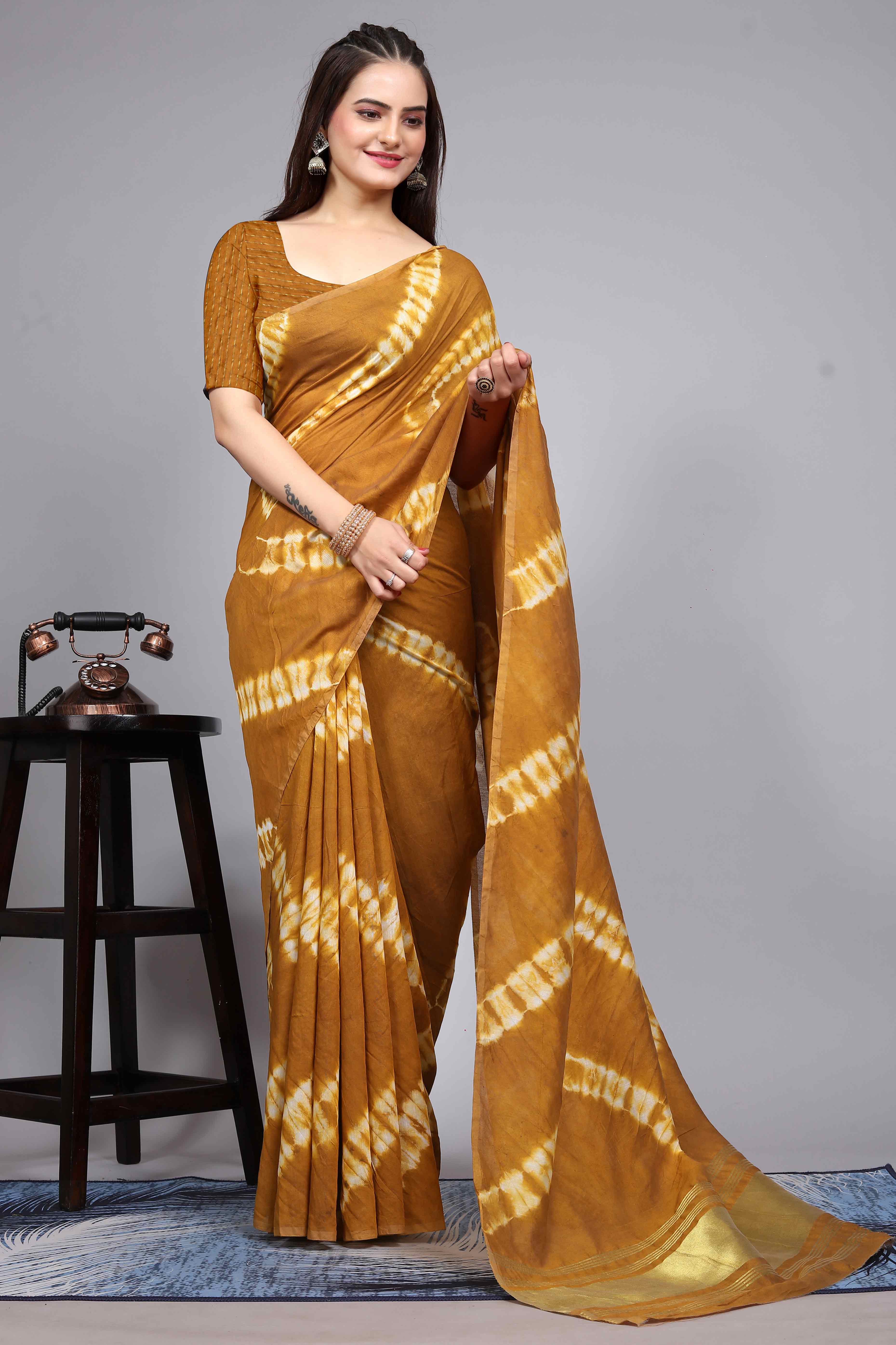 Mustard Shibori Leheriya Printed Chanderi Cotton Silk Lagdi Patta Saree