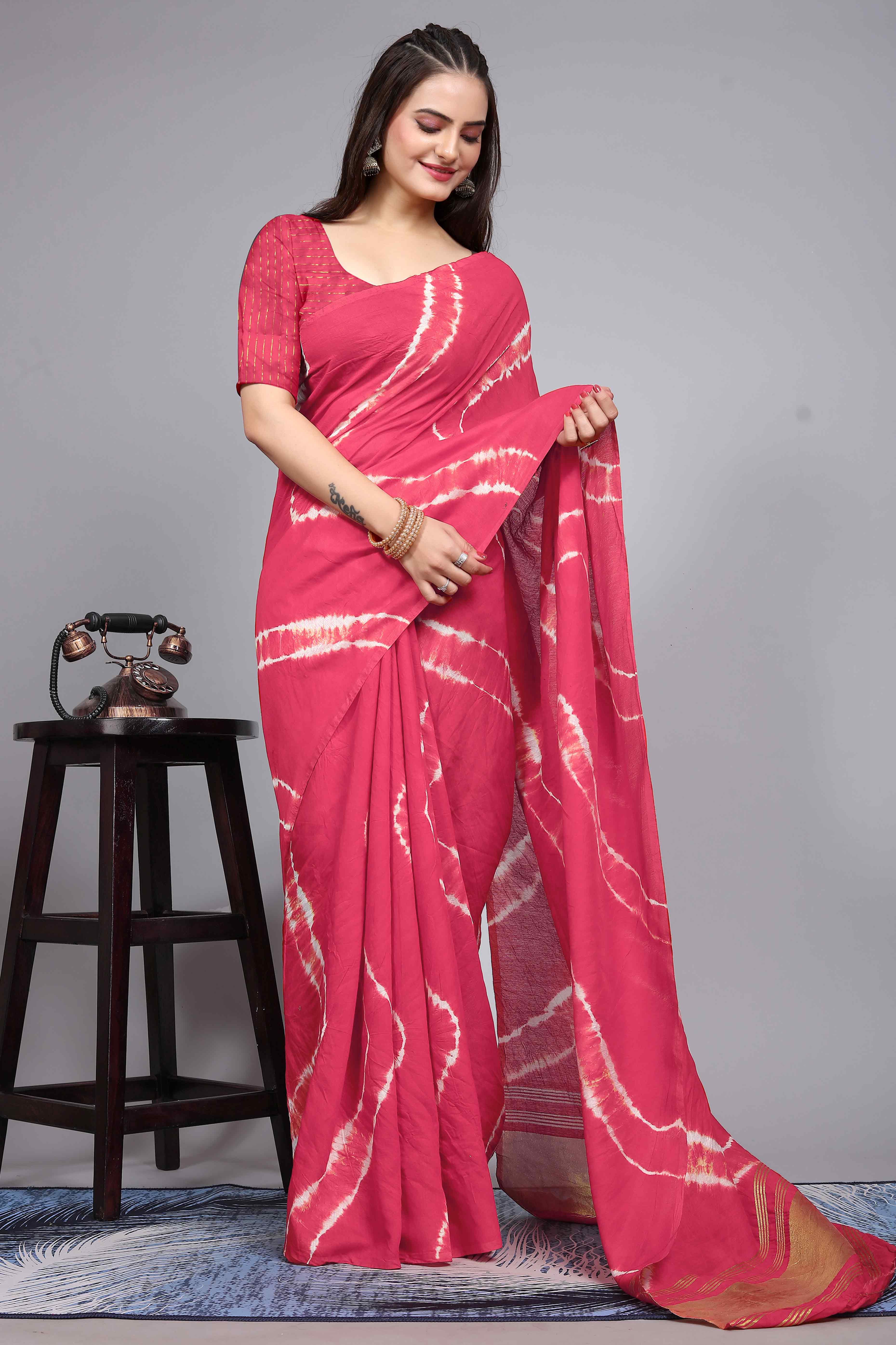 Pink Shibori Leheriya Printed Chanderi Cotton Silk Lagdi Patta Saree