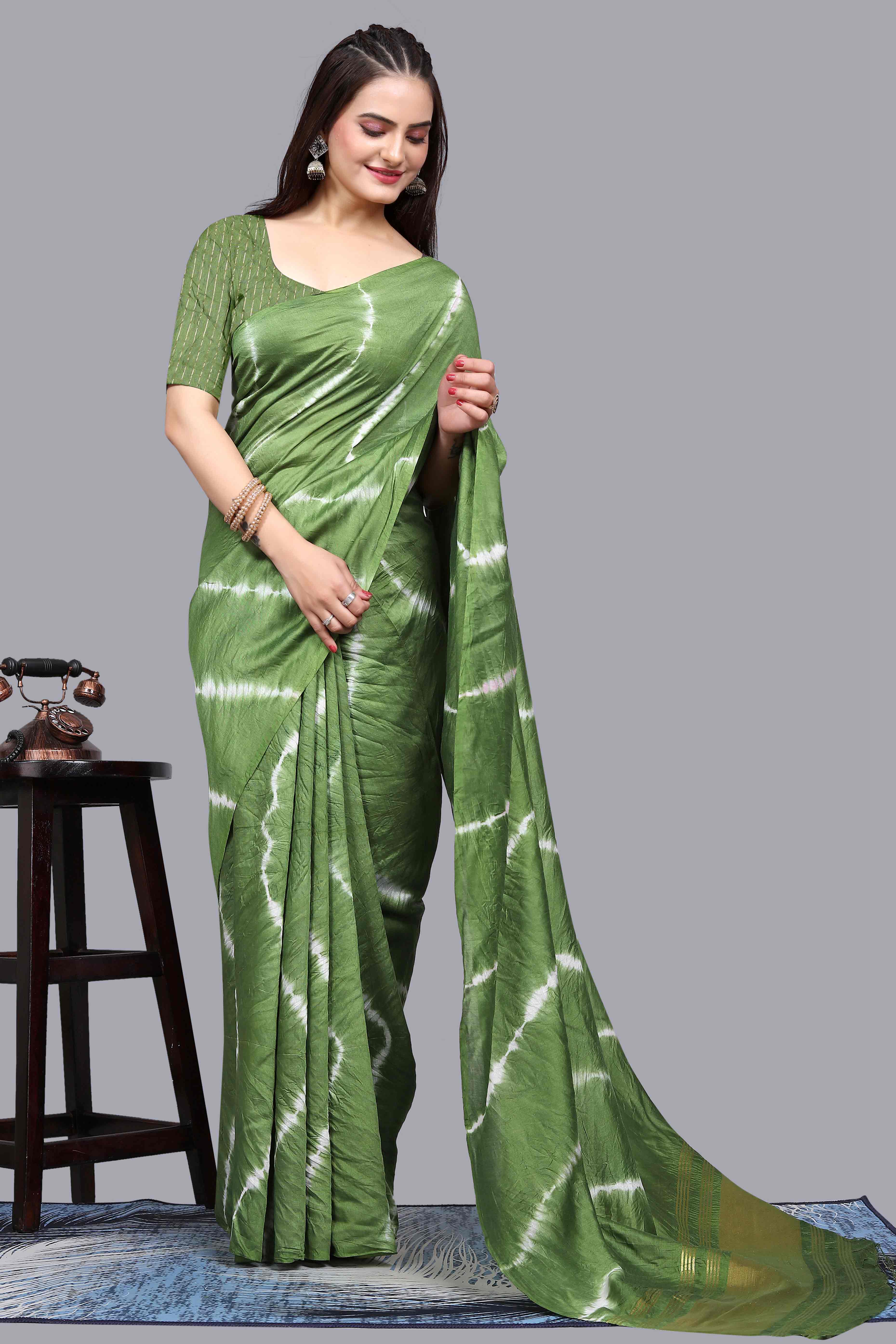 Green Leheriya Printed Chanderi Cotton Silk Lagdi Patta Saree