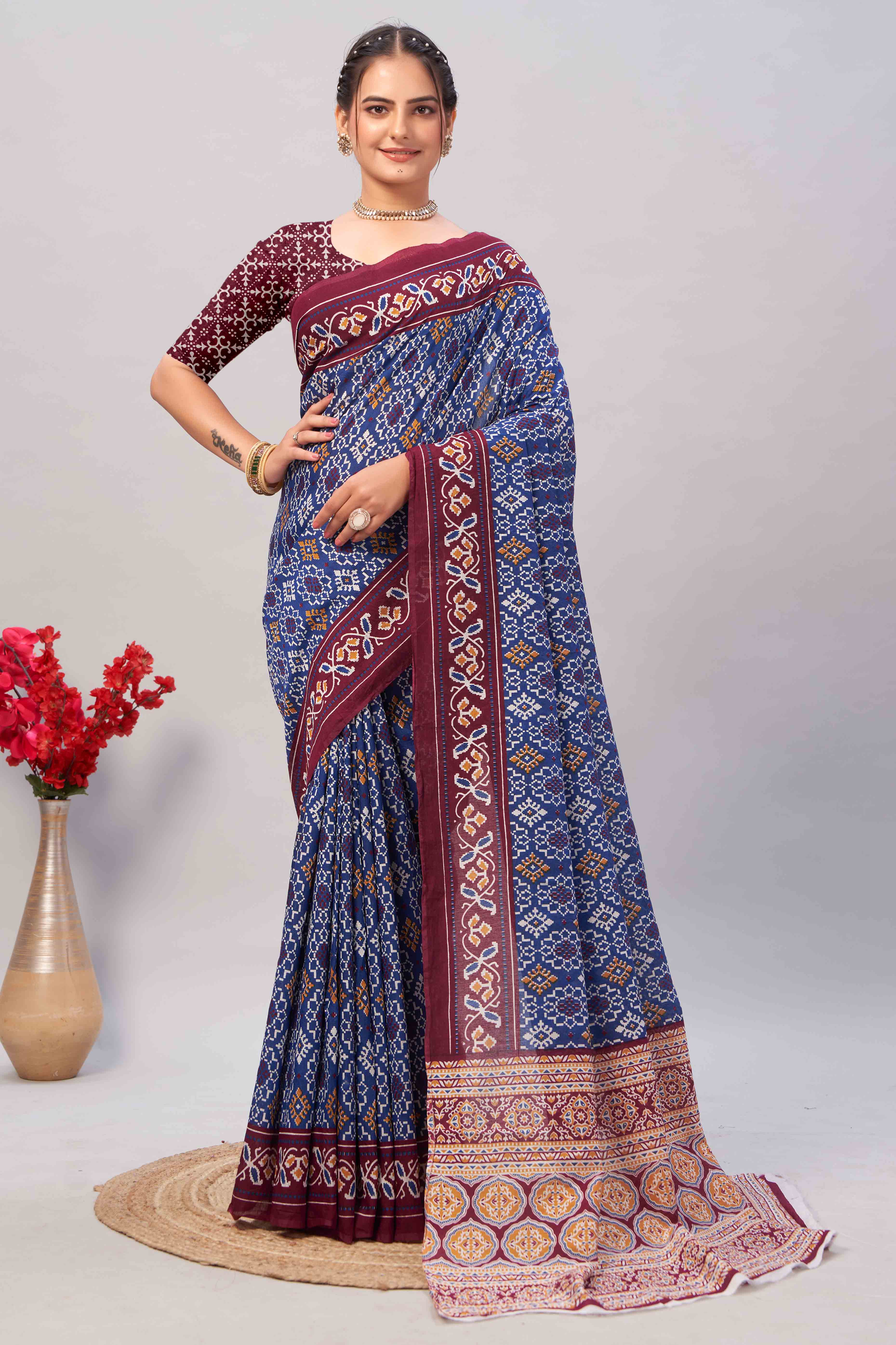 Blue Ajrakh Printed Cotton Blend Saree