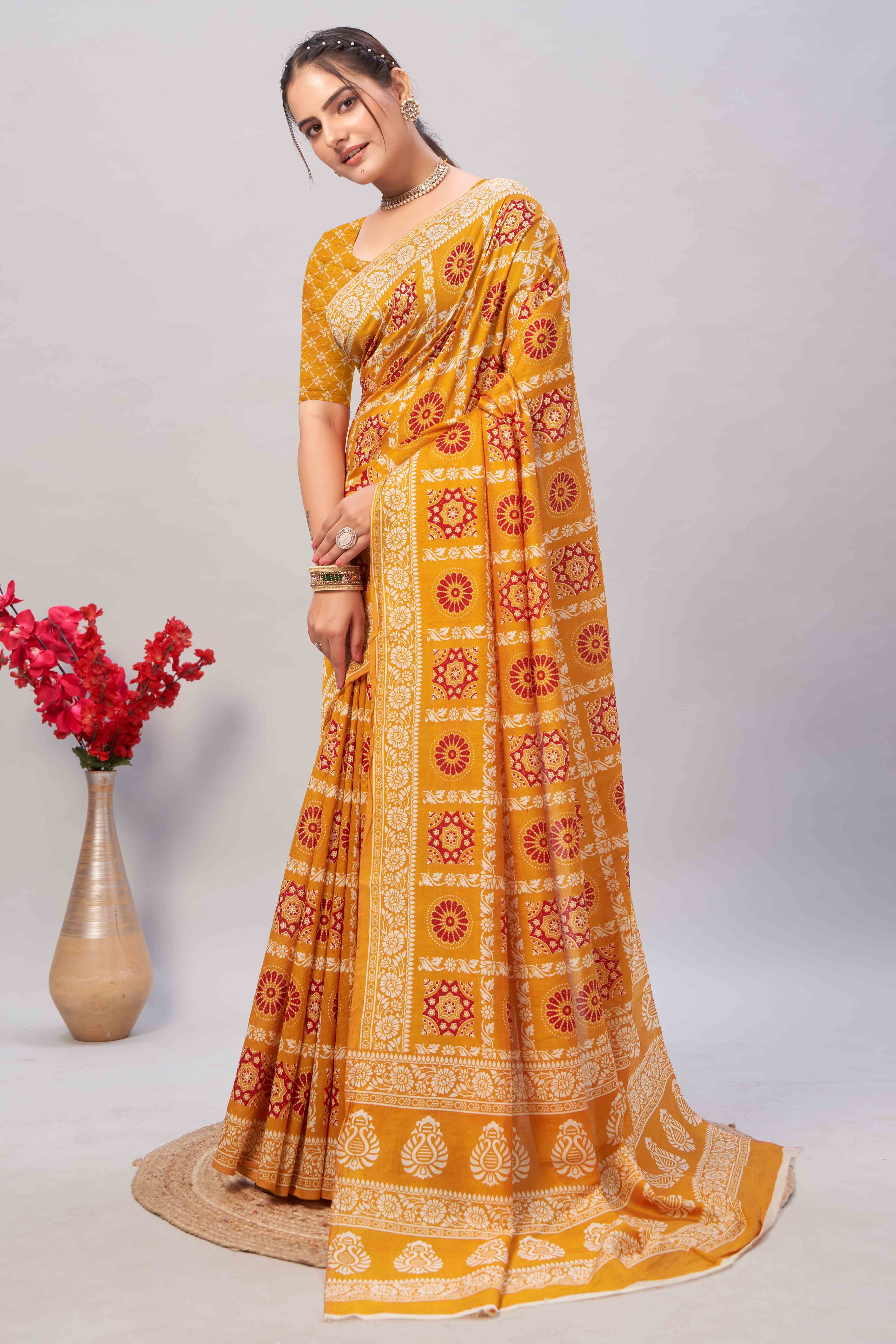 Mustard Ajrakh Printed Cotton Blend Saree