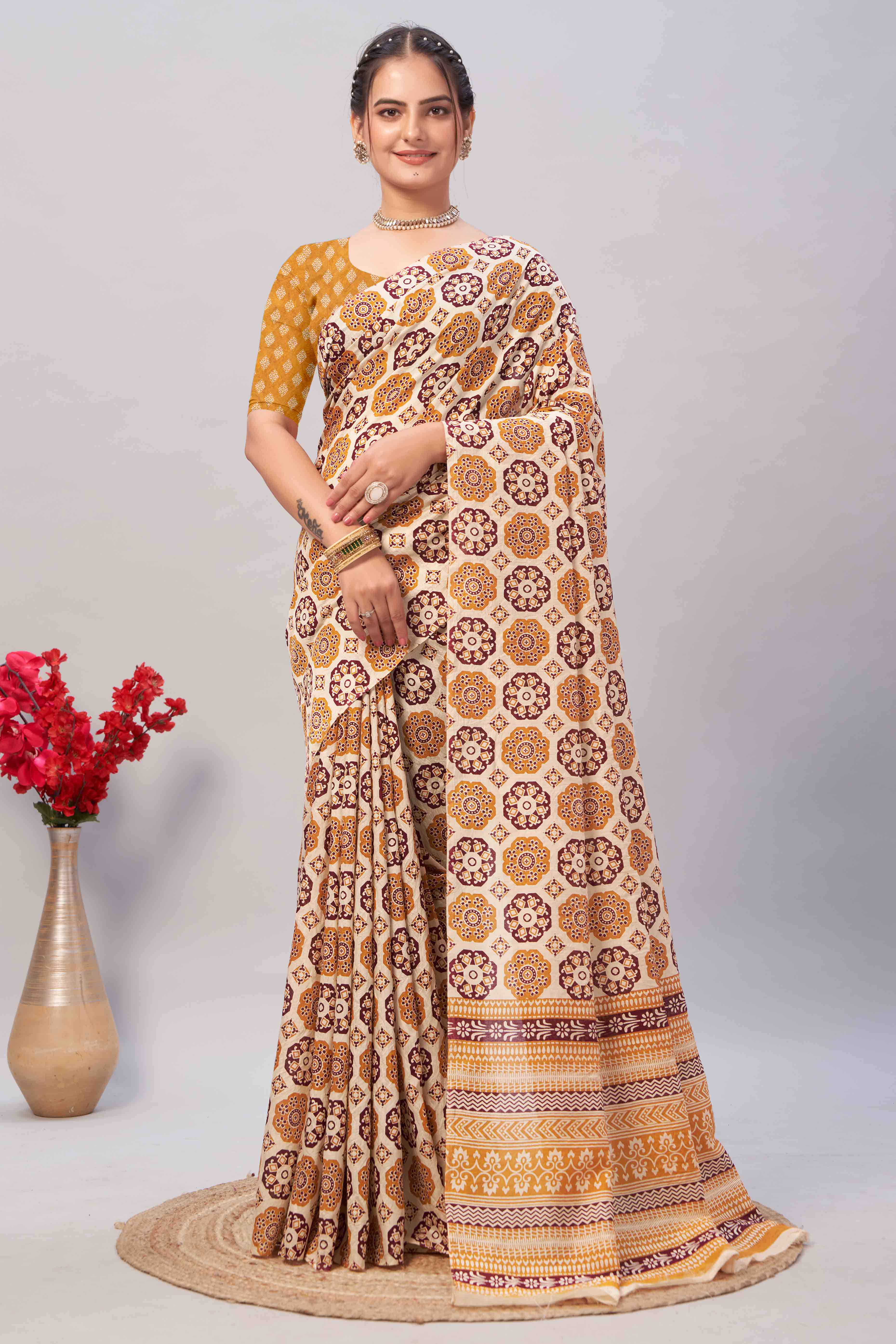 Cream & Mustard Ajrakh Printed Cotton Blend Saree