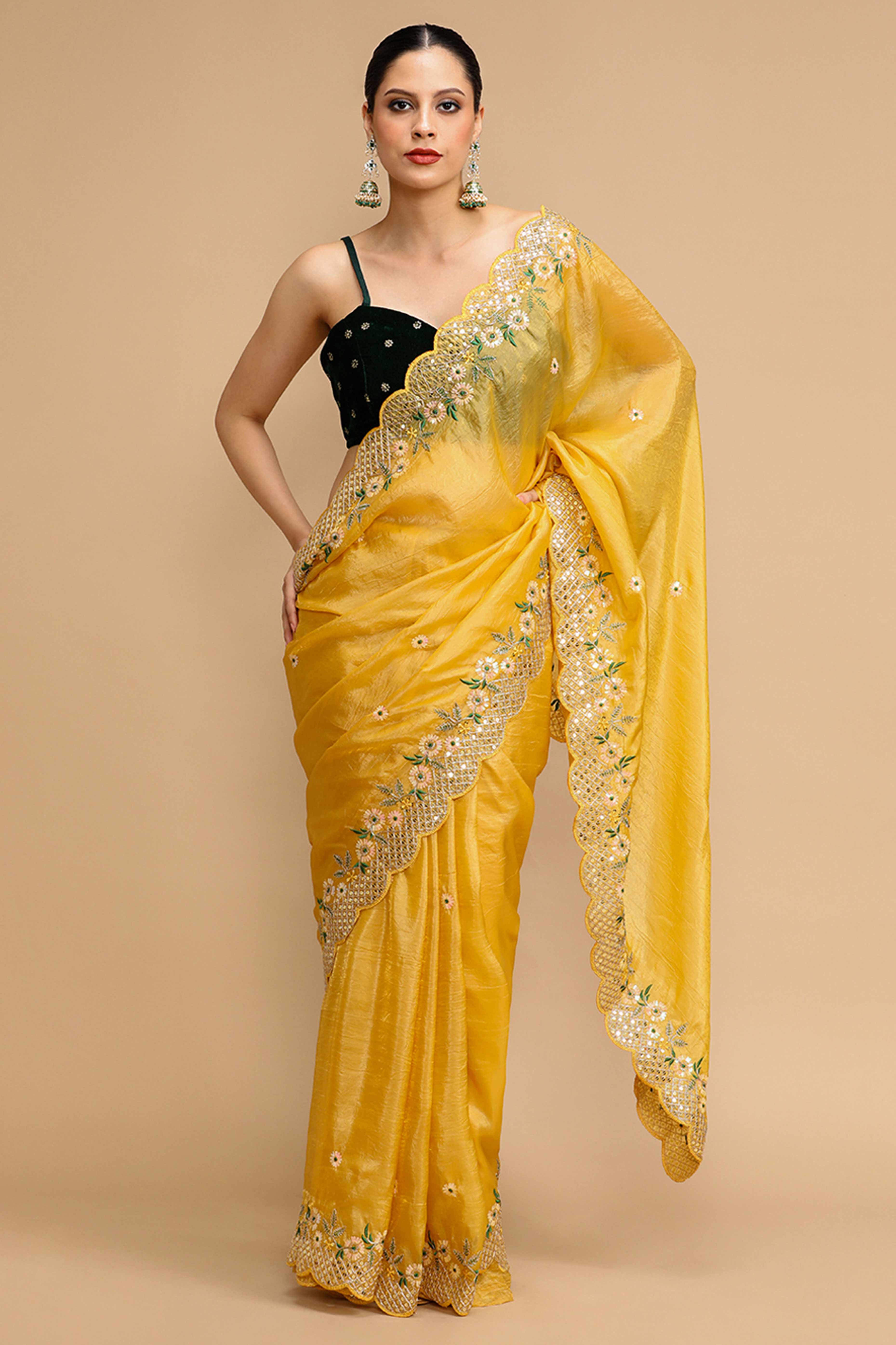 Mustard Floral Design Art Silk Saree with Glittering Sequins Embroidery