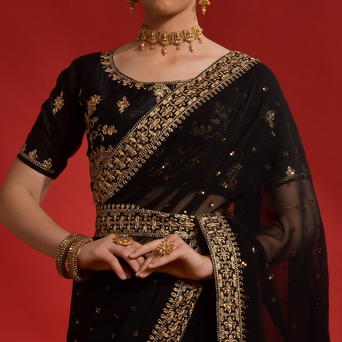 Black Sequins Embroidered Georgette Saree