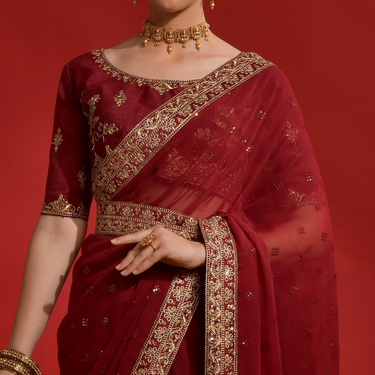 Maroon Sequins Embroidered Georgette Saree