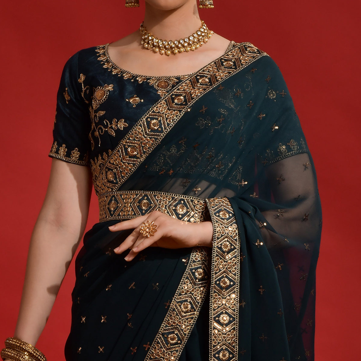 Blue Sequins Embroidered Georgette Saree