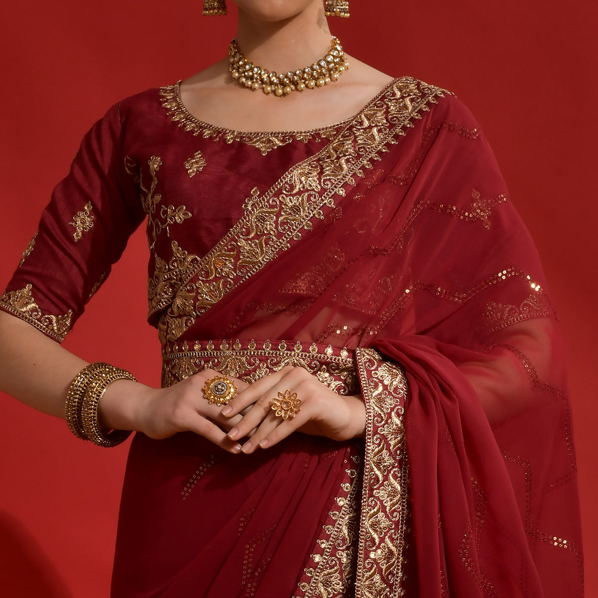 Maroon Sequins Embroidered Georgette Saree