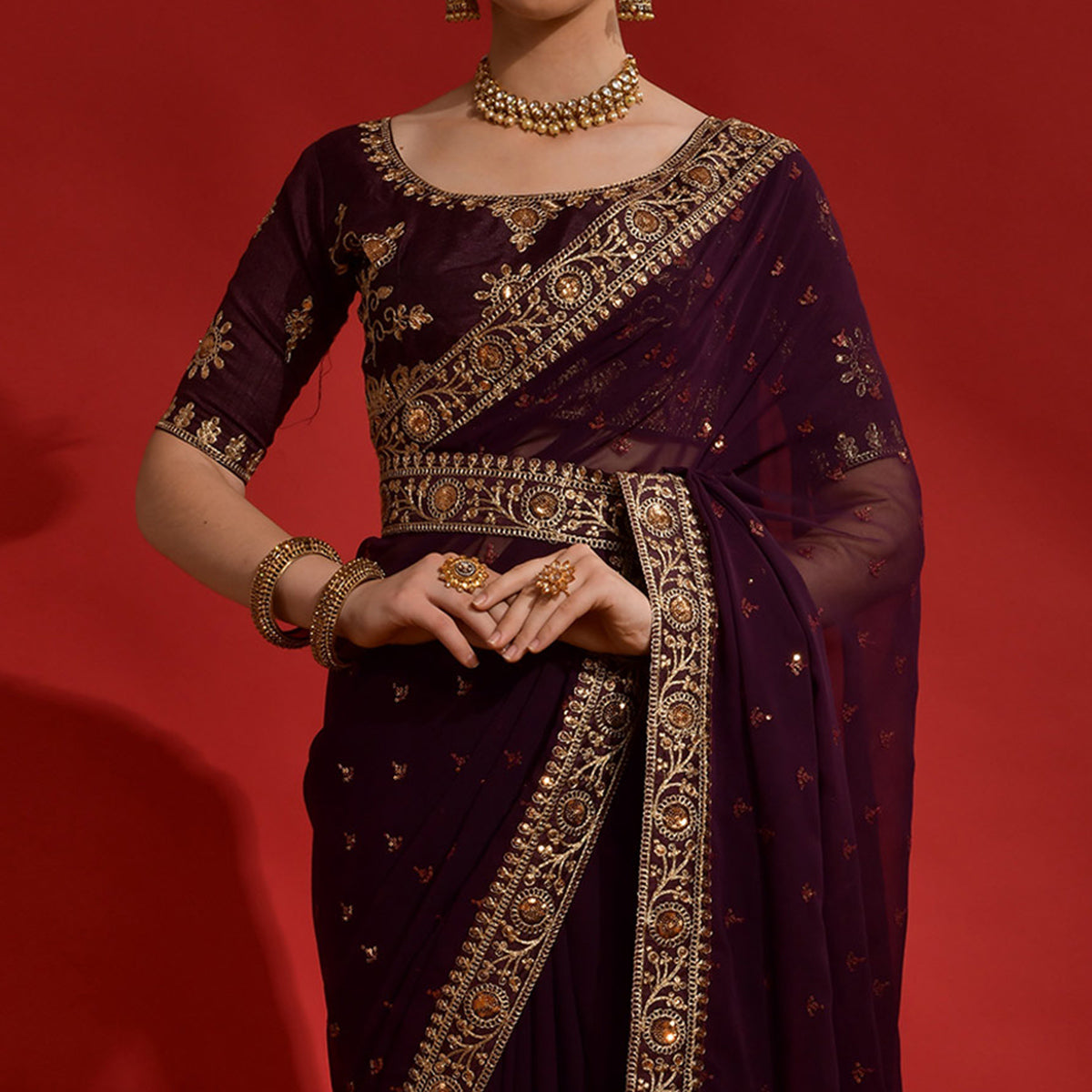 Wine Sequins Embroidered Georgette Saree