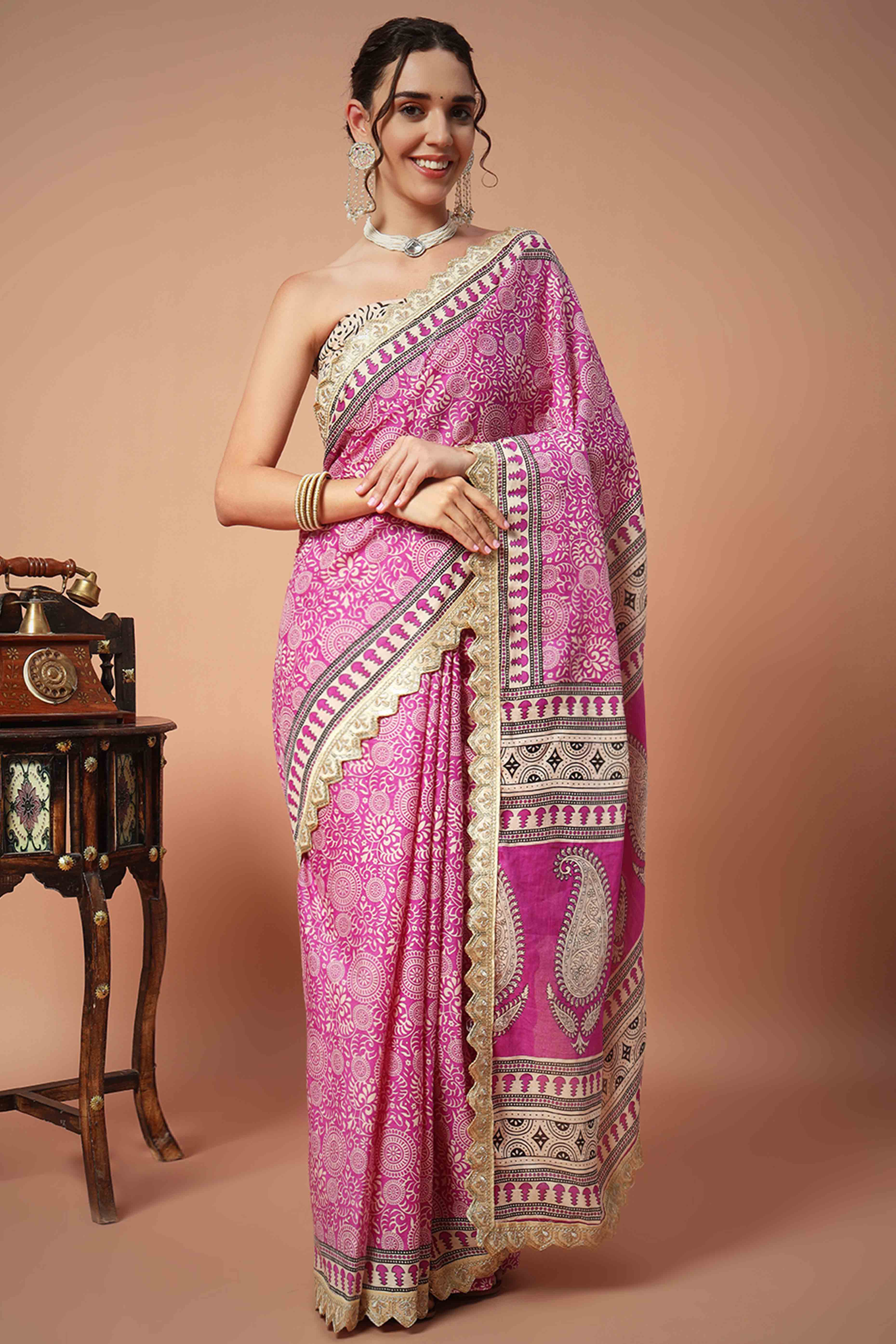 Cream Mulmul Cotton Saree with Traditional Ajrakh Block Prints