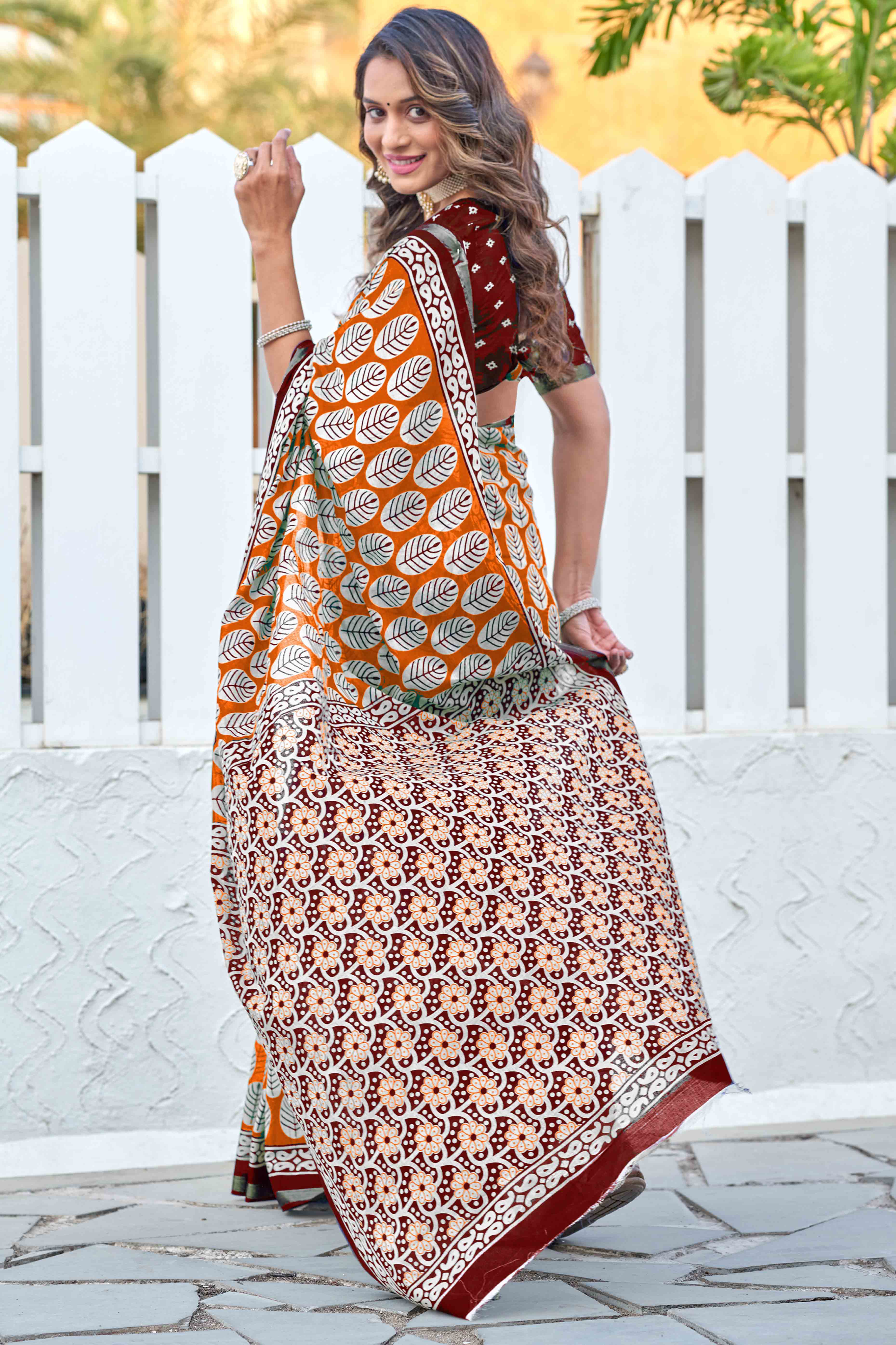 Vibrant Orange Floral Print In Mulmul Cotton Saree
