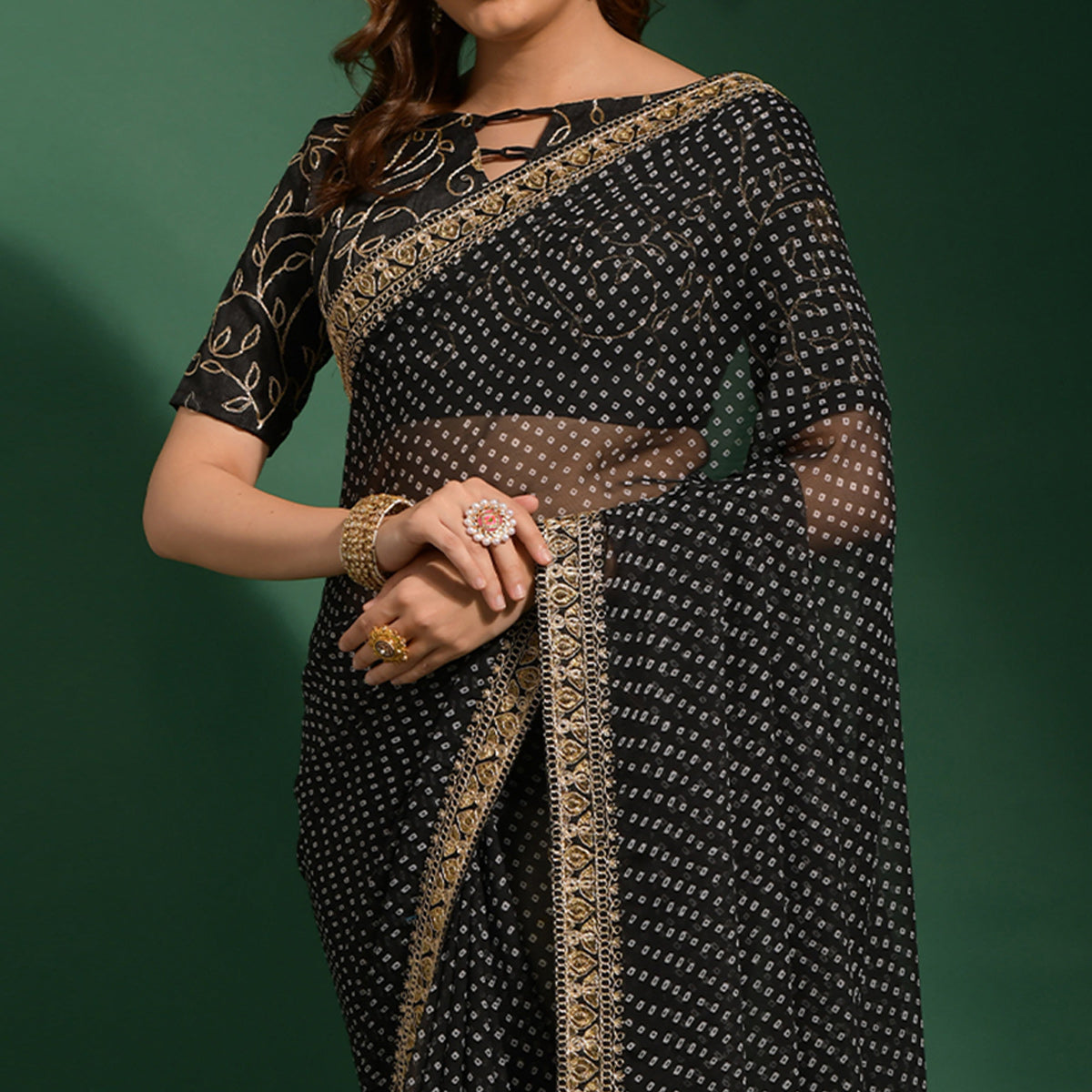 Black Bandhani Printed Georgette Saree With Embroidered Border