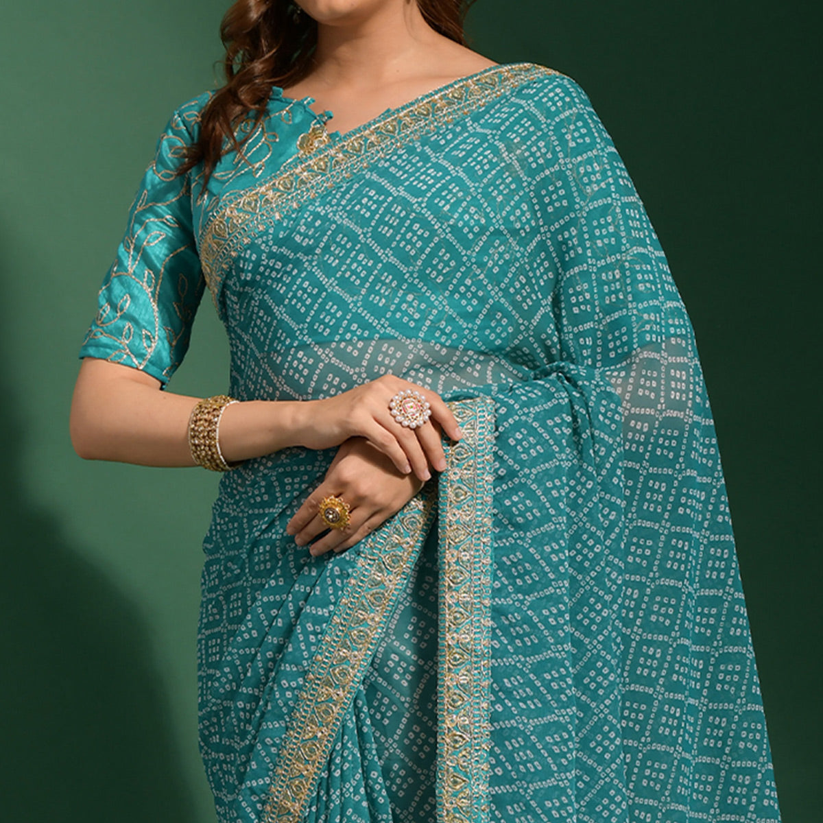 Rama Green Bandhani Printed Georgette Saree With Embroidered Border