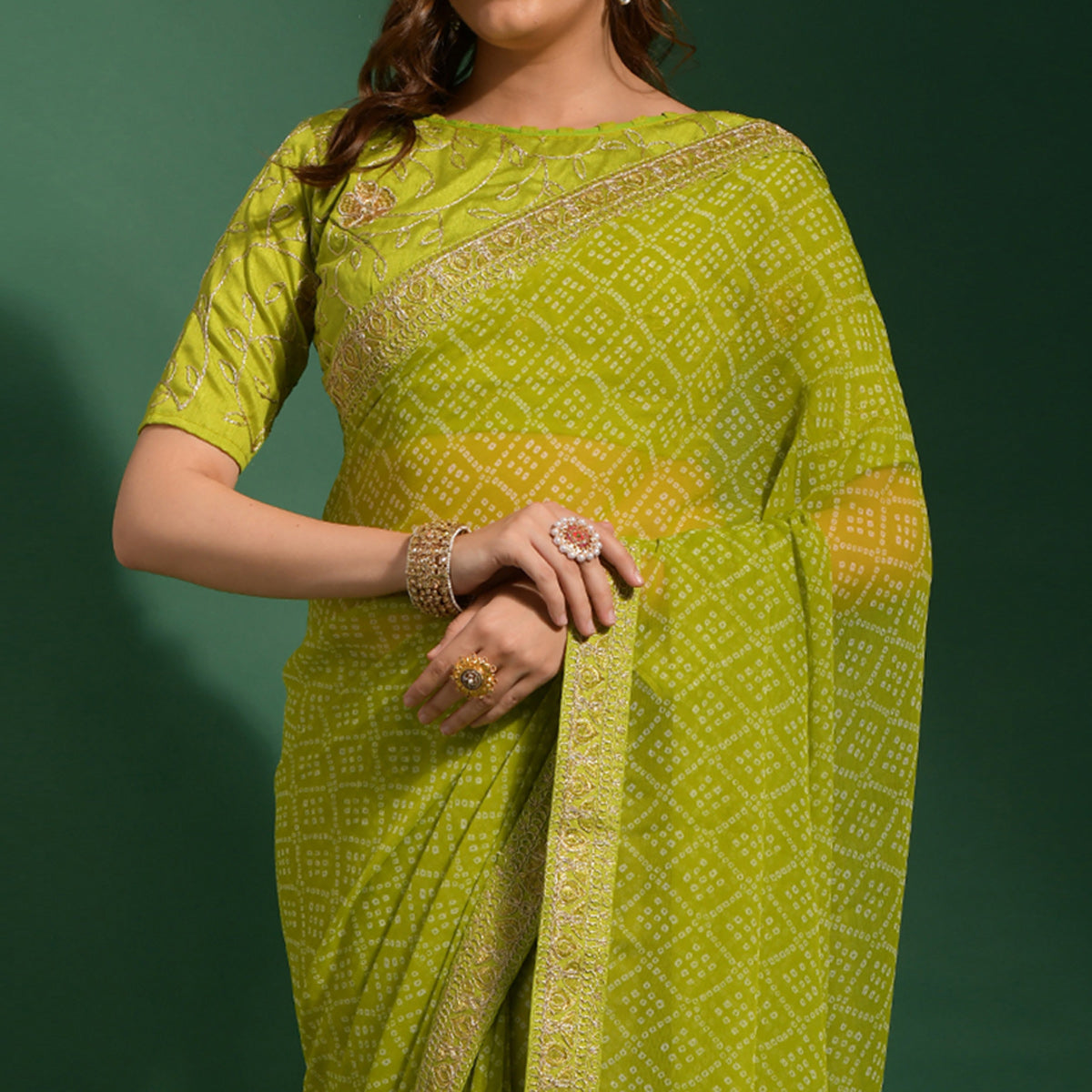 Parrot Green Bandhani Printed Georgette Saree With Embroidered Border