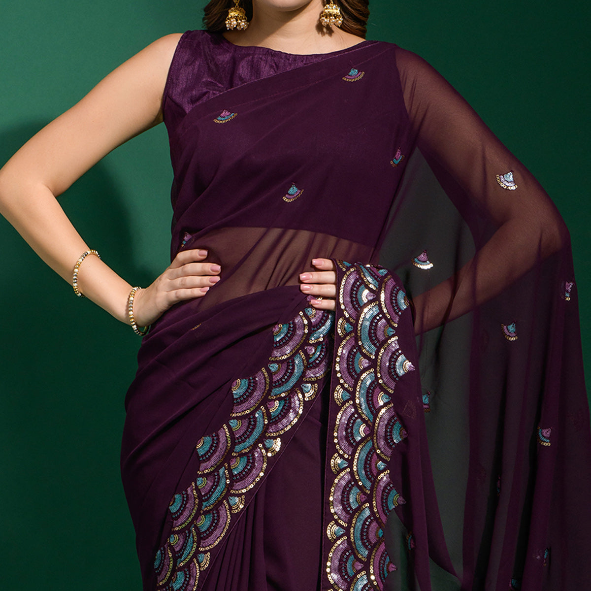 Wine Sequins Embroidered Georgette Saree