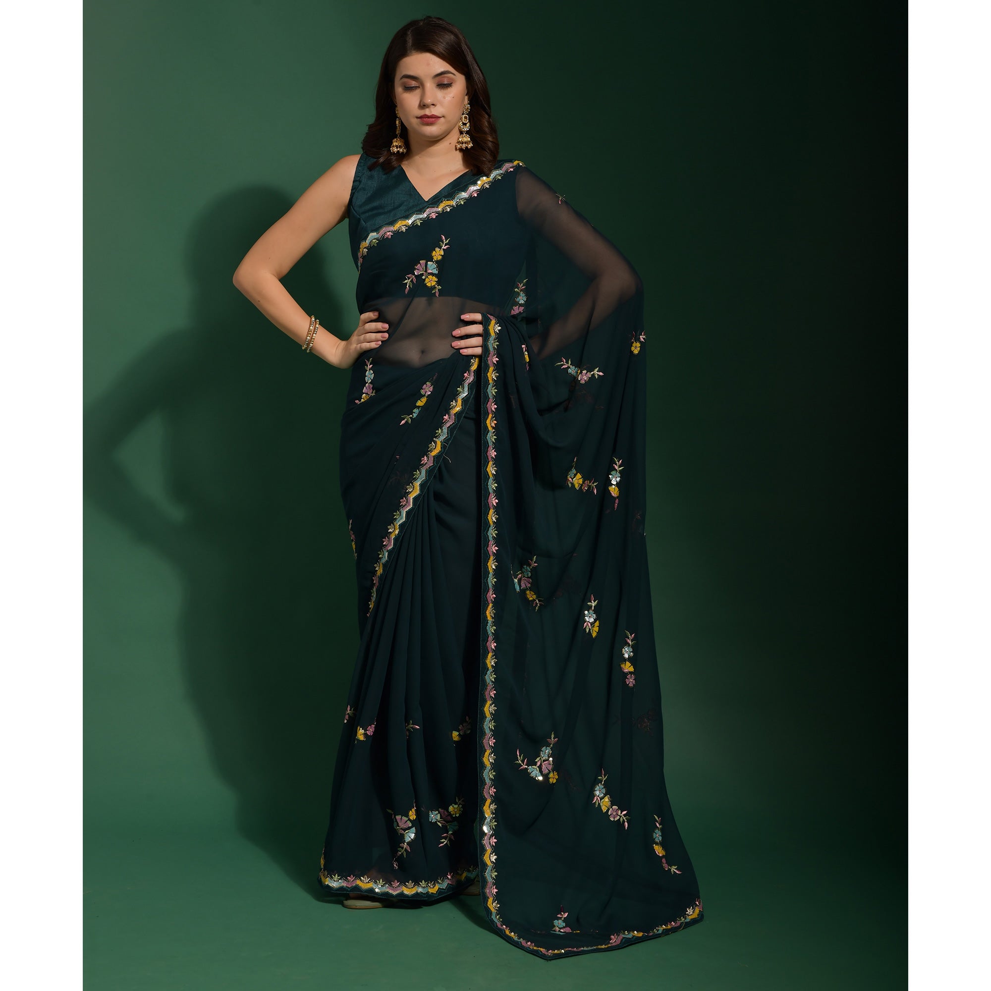 Blue Sequins Embroidered Georgette Saree