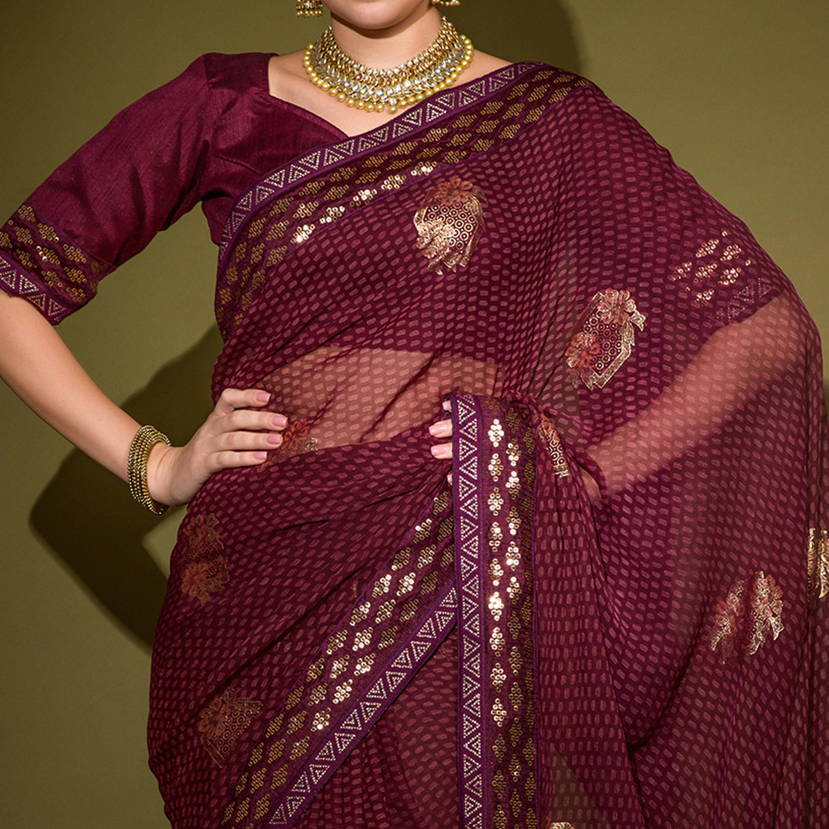 Wine Foil Printed Georgette Saree