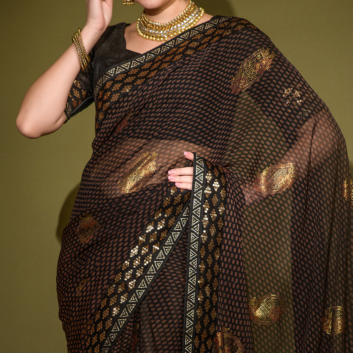 Black Foil Printed Georgette Saree