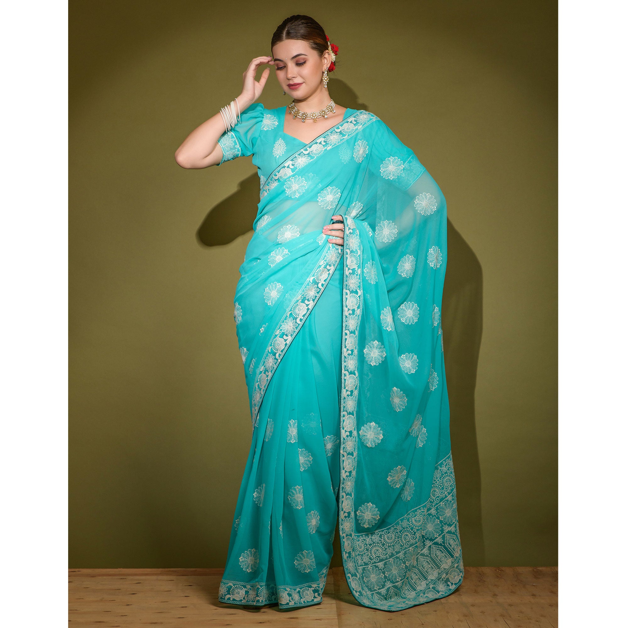 Sky Blue Floral Embroidered Georgette Saree