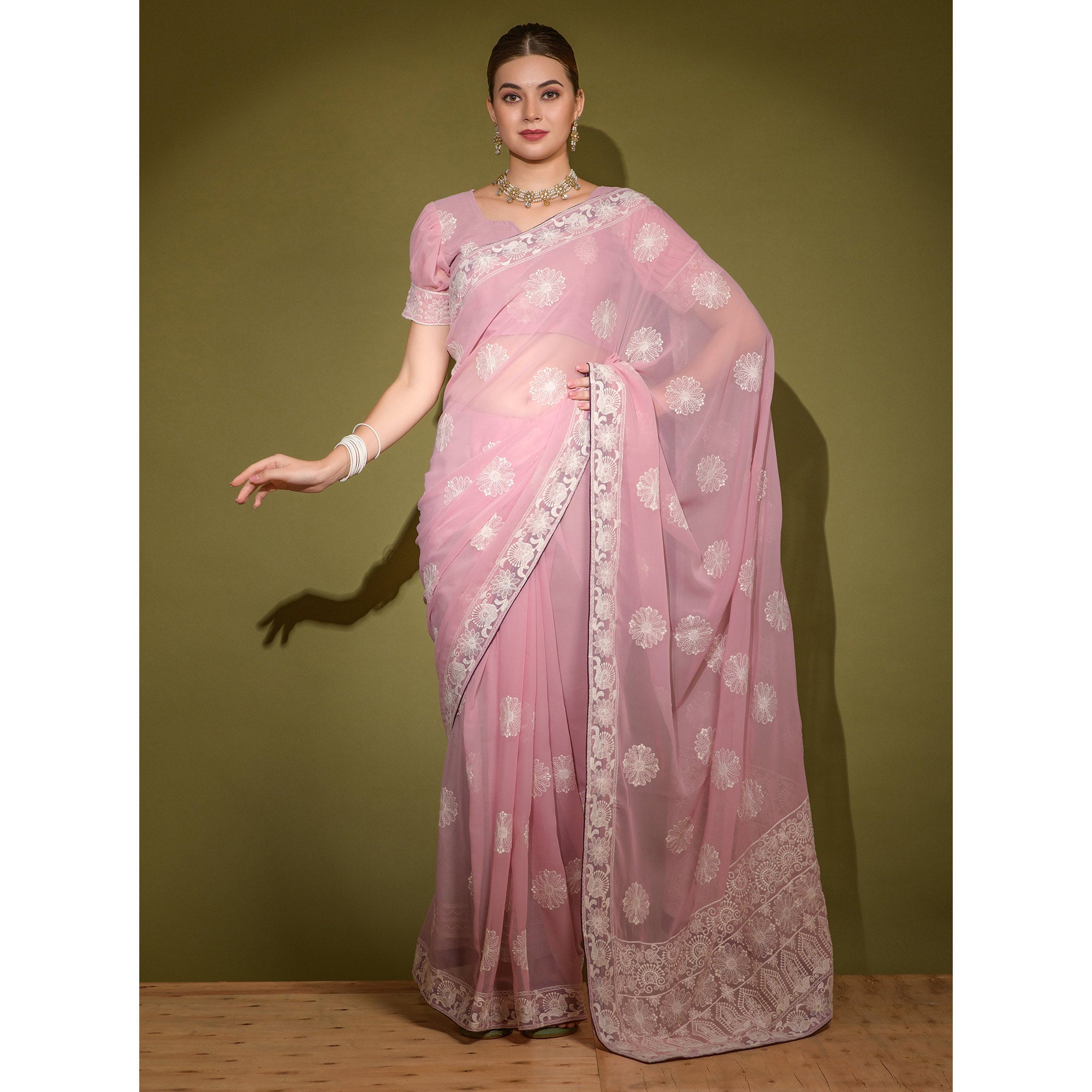 Pink Floral Embroidered Georgette Saree