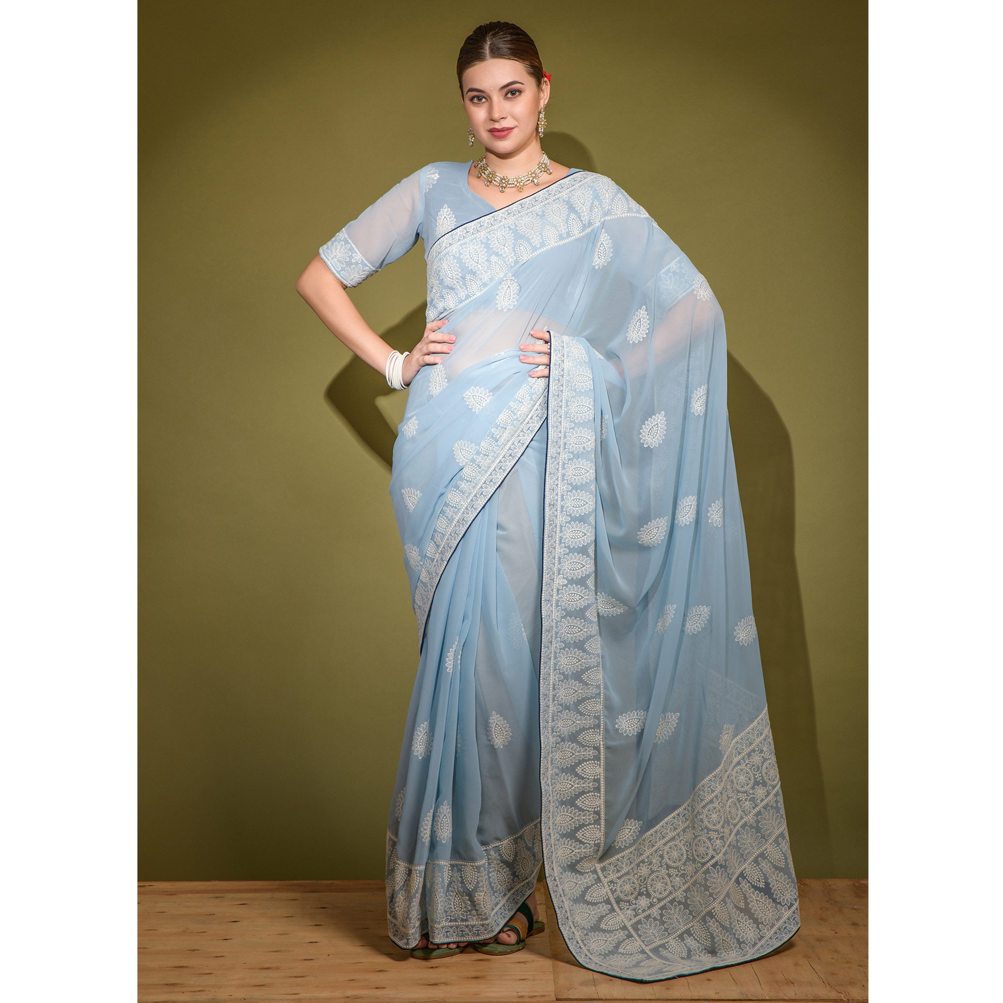 Grey Floral Embroidered Georgette Saree