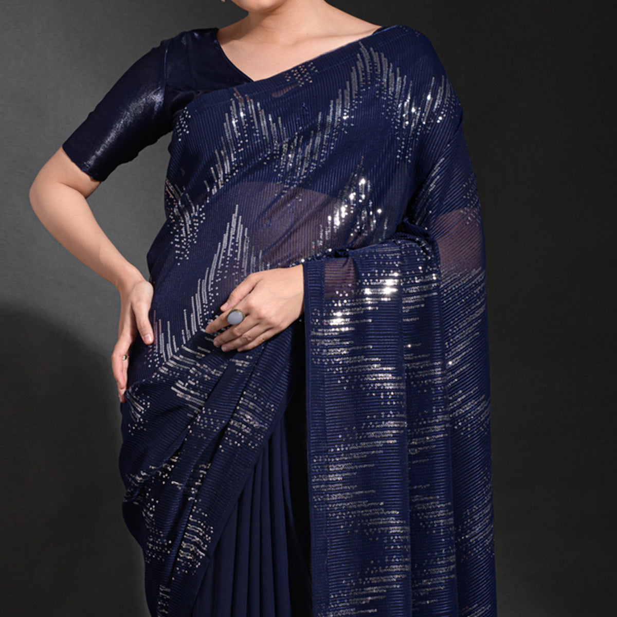 Navy Blue Sequins Embroidered Georgette Saree