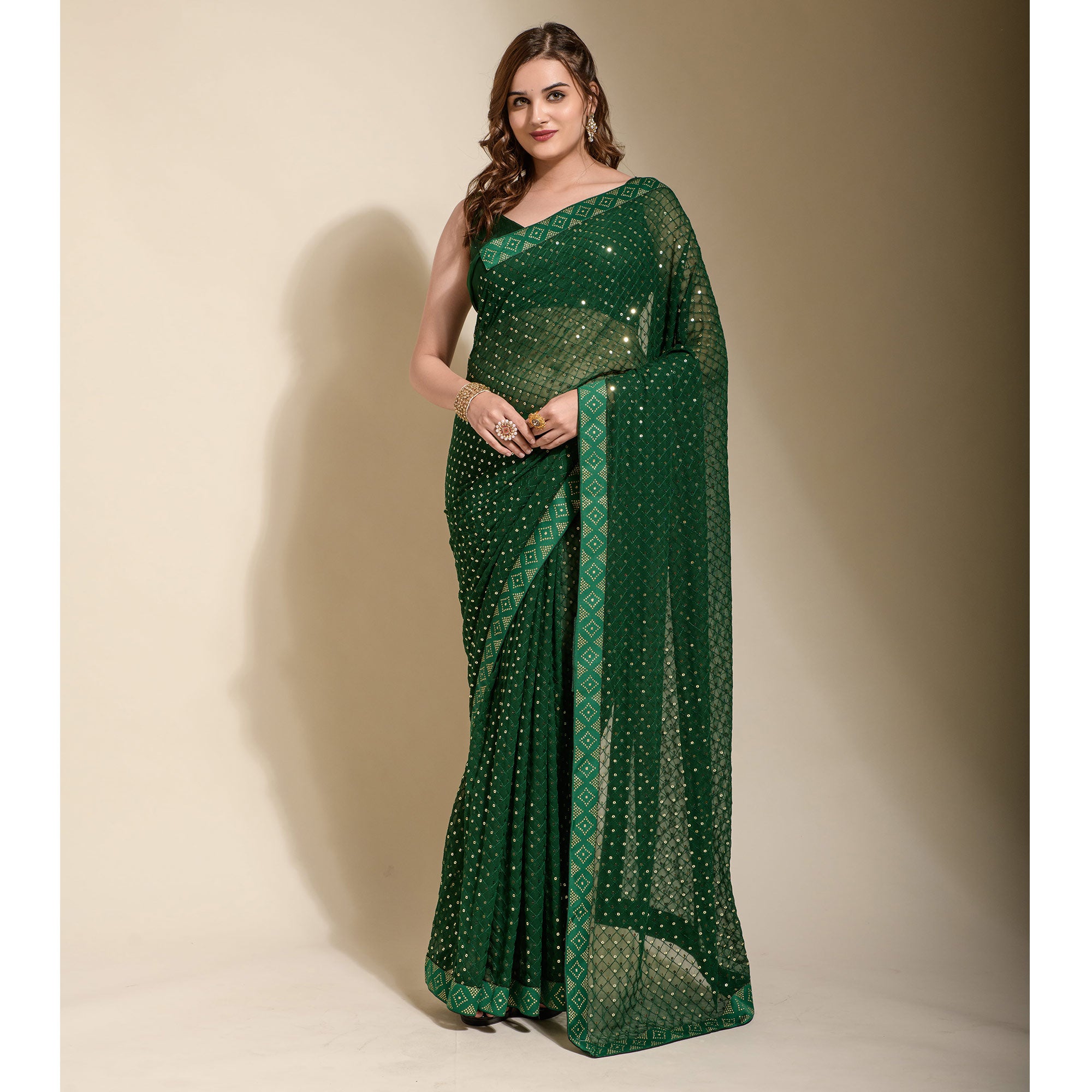 Green Sequins Embroidered Georgette Saree