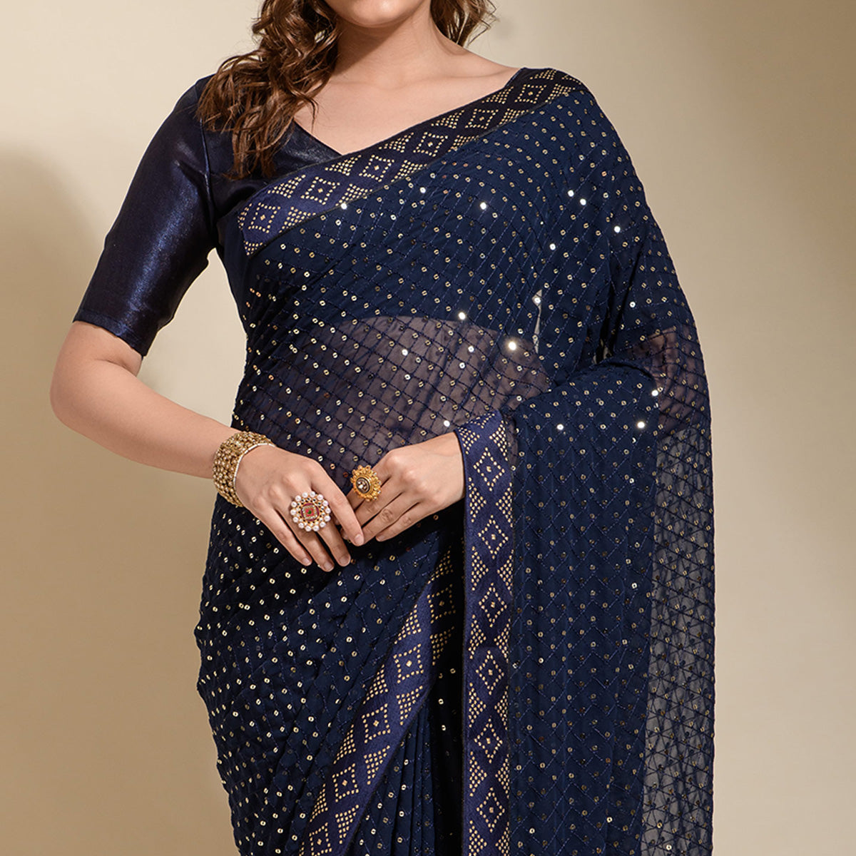 Navy Blue Sequins Embroidered Georgette Saree