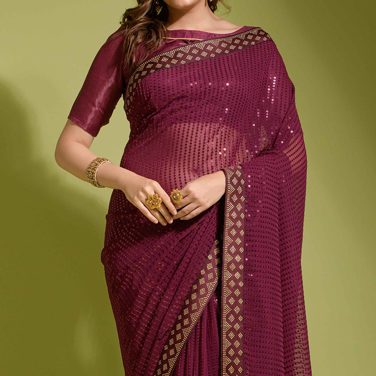 Wine Sequins Embroidered Georgette Saree