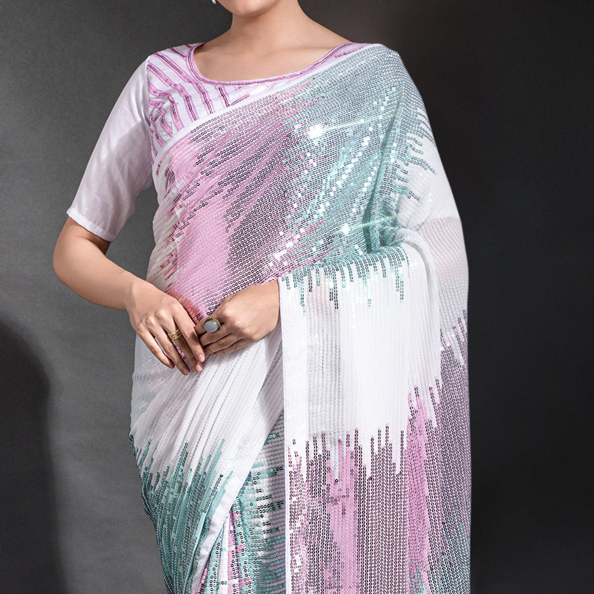 White & Pink Sequins Embroidered Georgette Saree