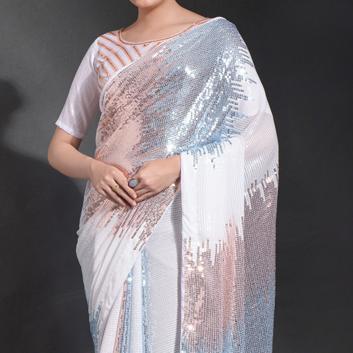 White & Sky Blue Sequins Embroidered Georgette Saree