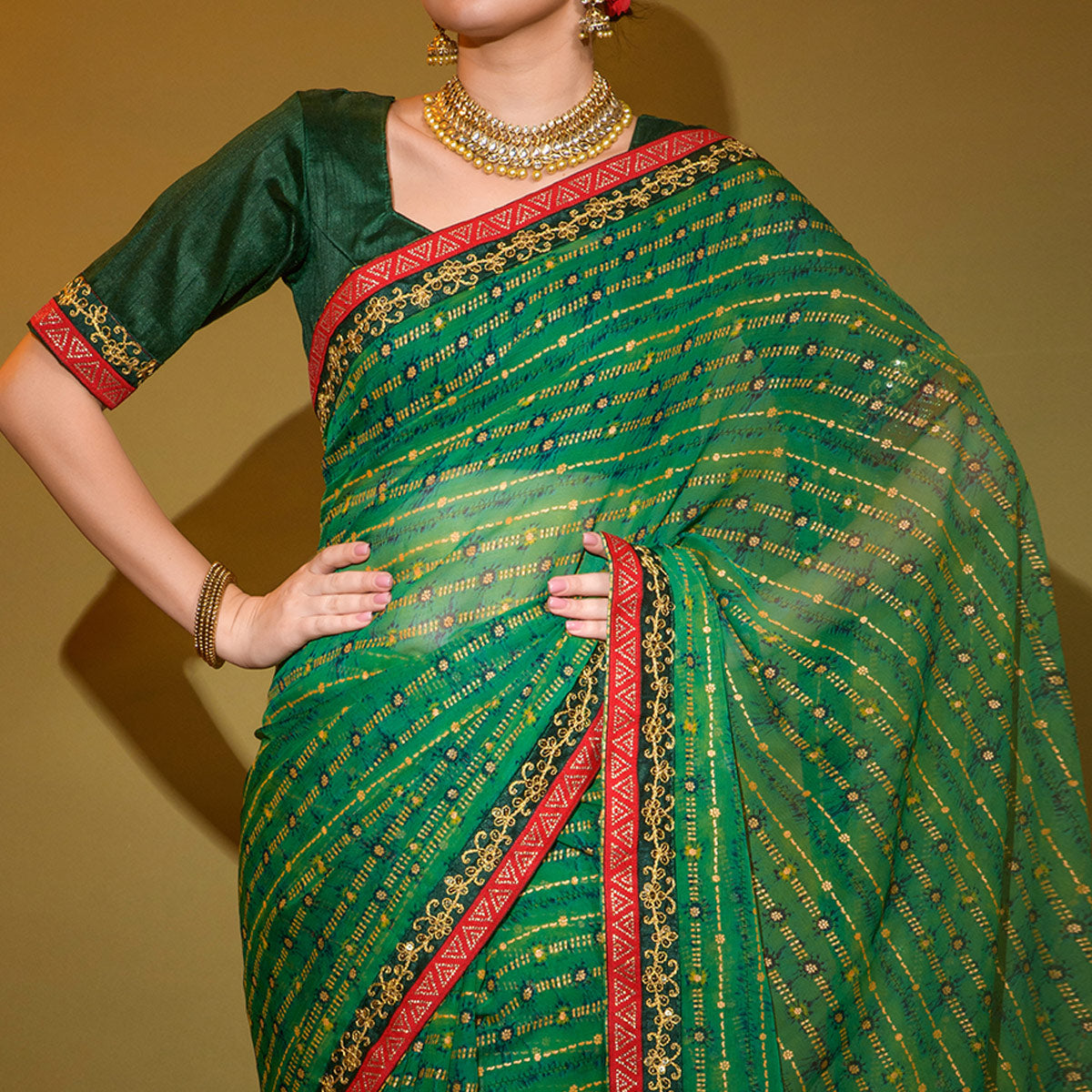 Green Foil Printed Georgette Saree With Embroidered Border