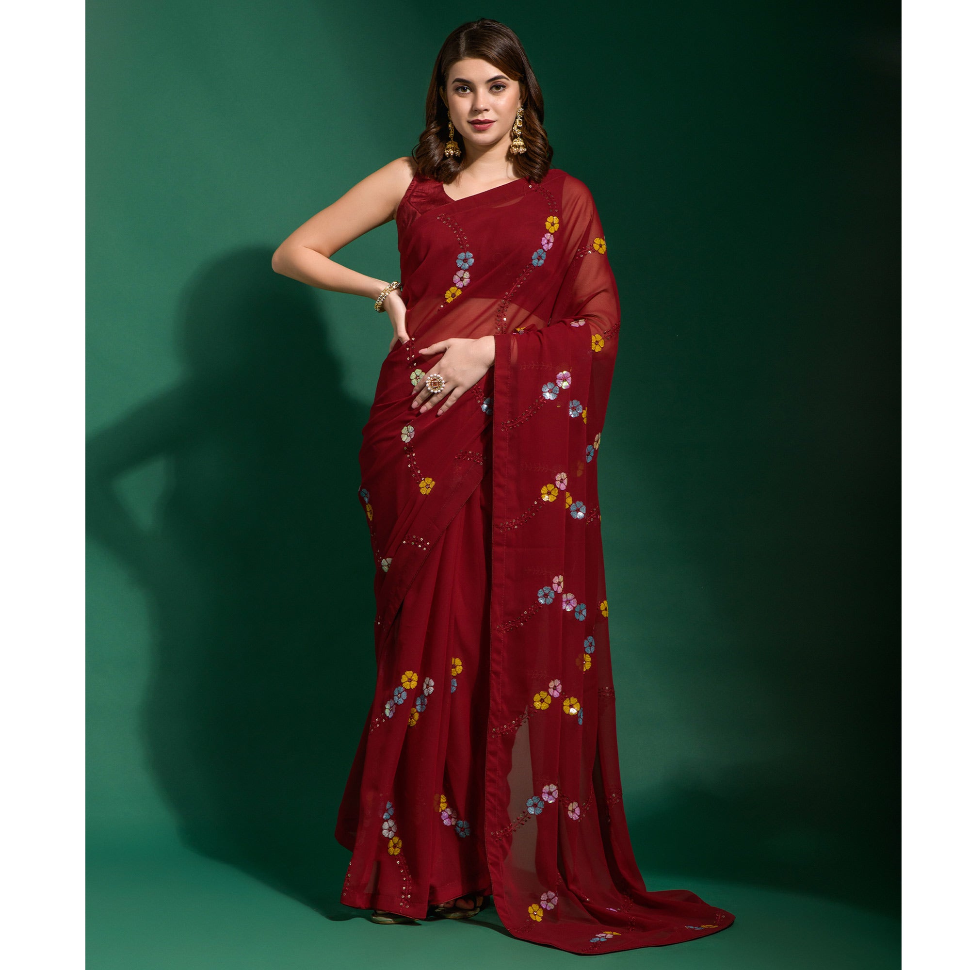 Maroon Sequins Embroidered Georgette Saree