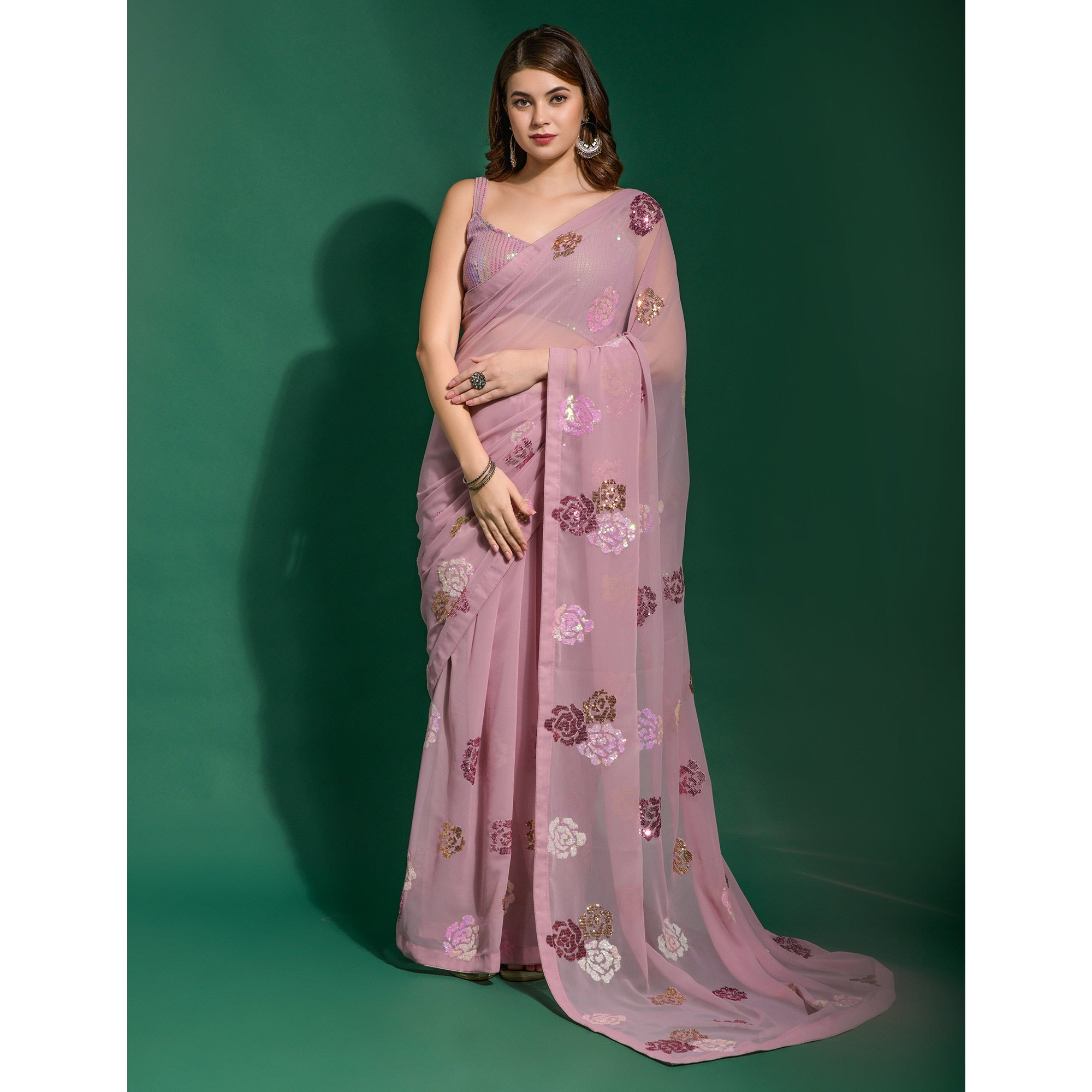 Pink Sequins Embroidered Georgette Saree