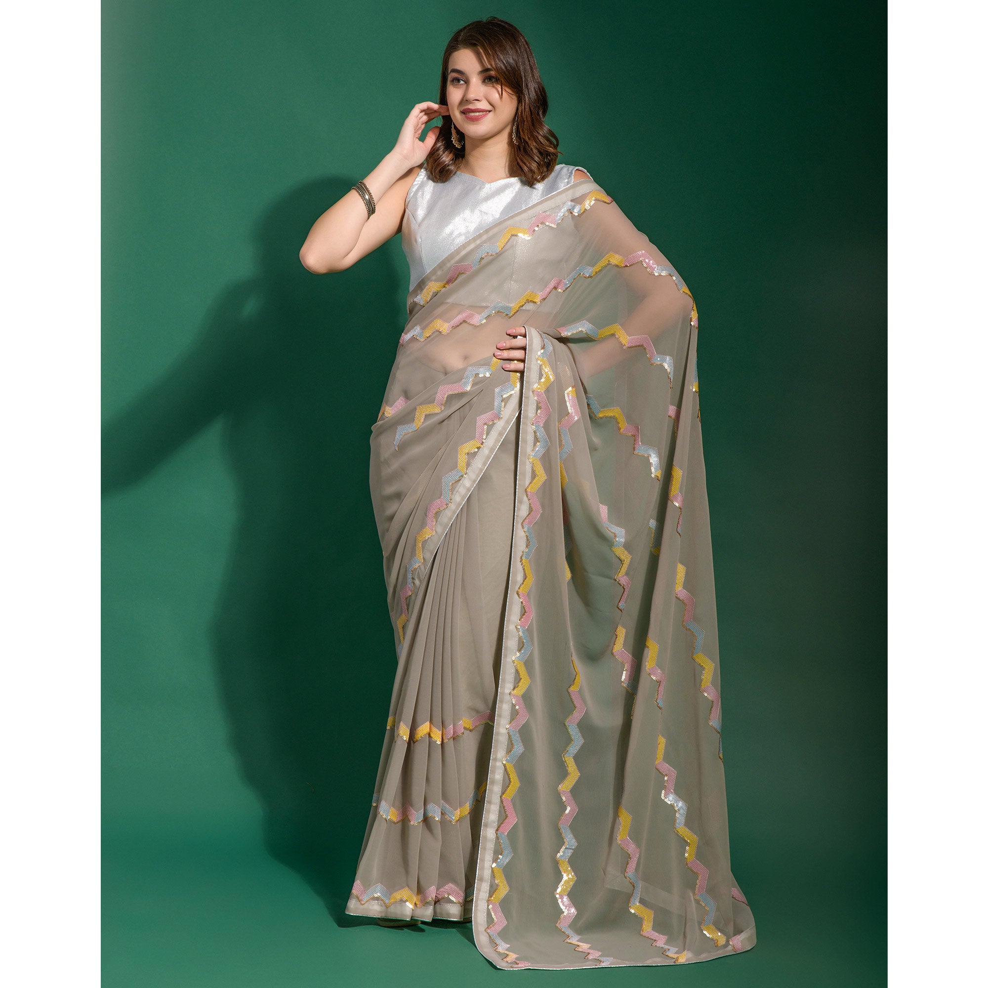 Grey Sequins Embroidered Georgette Saree